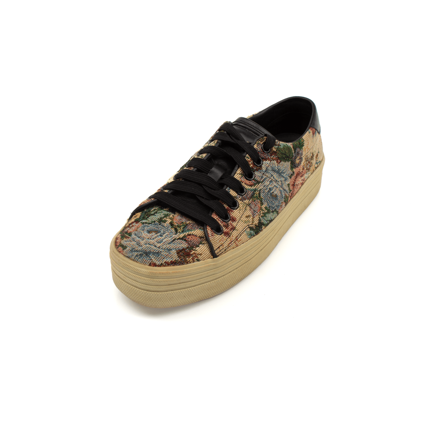 Gold & Beyond YSL Tapestry Sneakers showing detailed tapestry fabric and classic sneaker design in a close-up view.