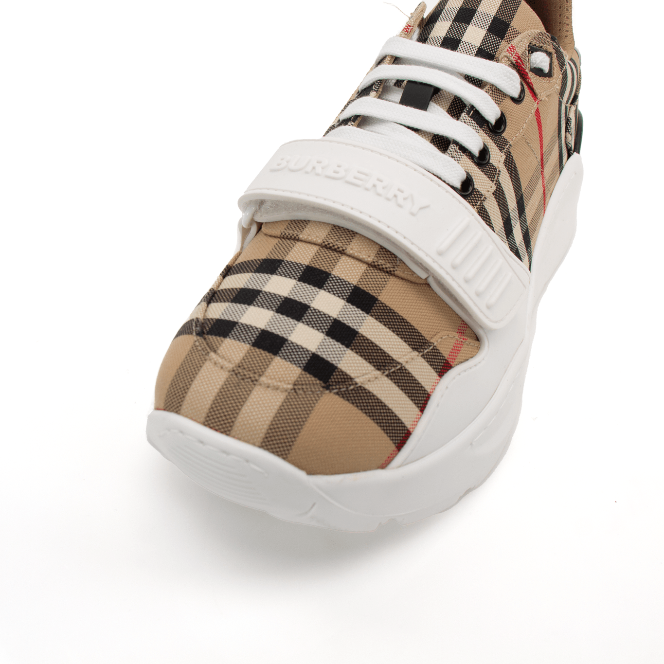 Gold & Beyond Burberry Check trainers, stylish shoes featuring classic check pattern, casual sneakers with comfortable design.
