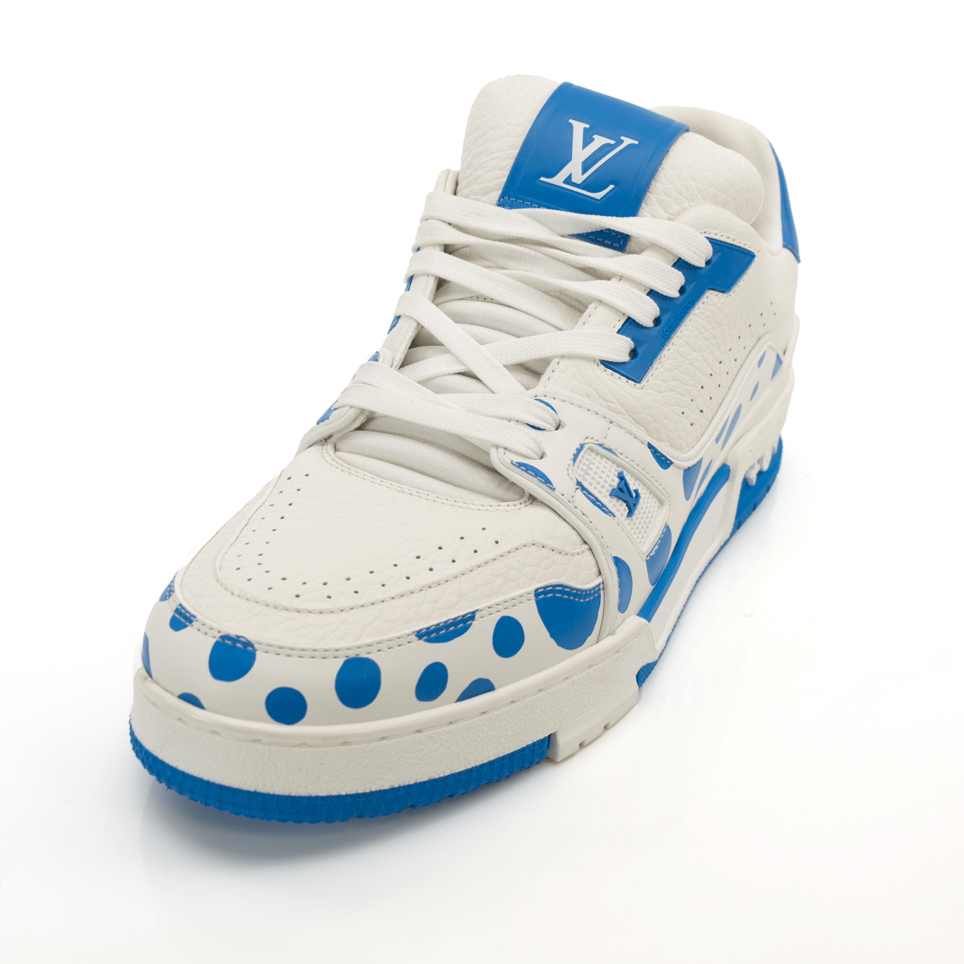 Louis Vuitton x Yayoi Kusama designer trainers featuring vibrant polka dot patterns and high-quality shoe details.