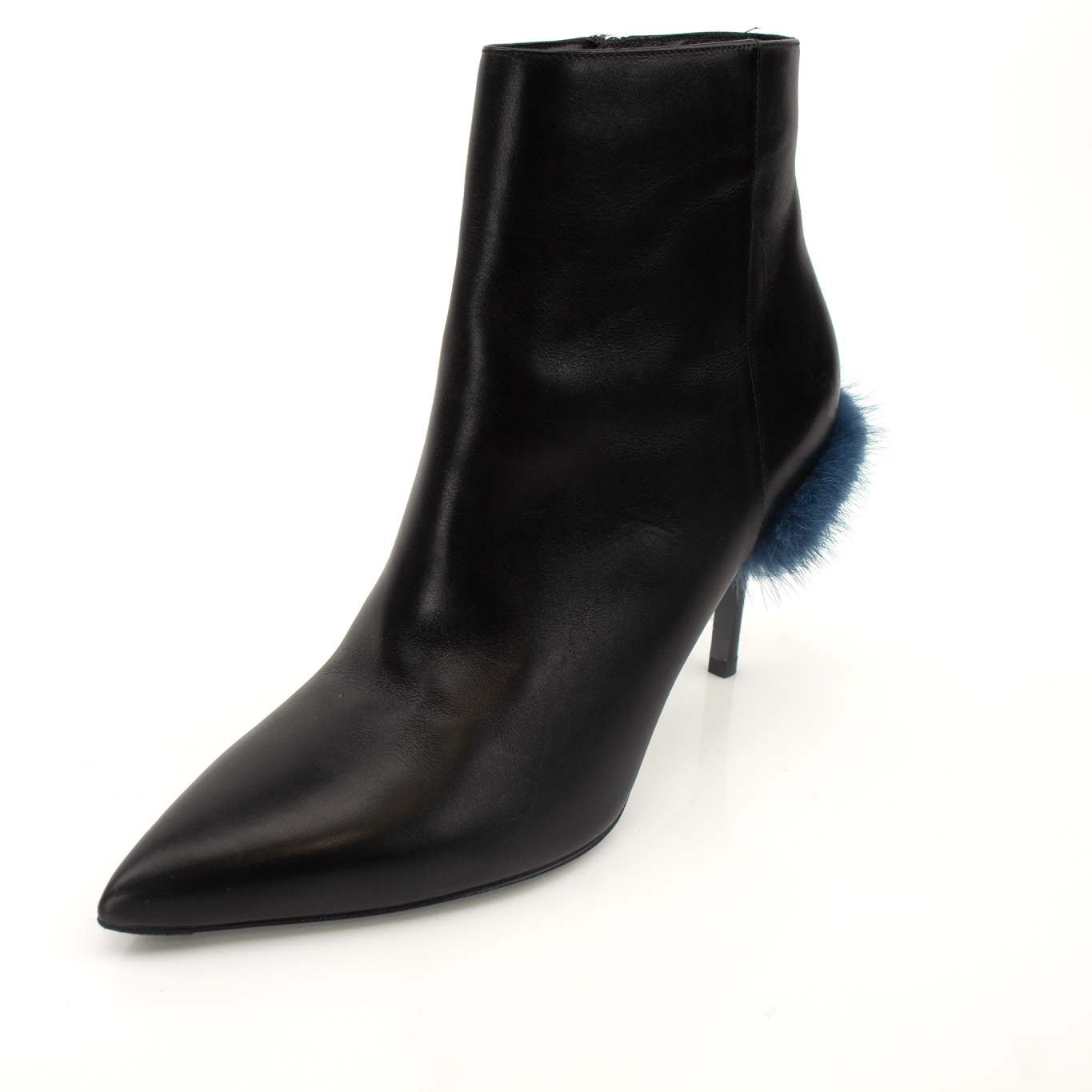 Black leather ankle boots by Fendi featuring sleek design and gold accents, shown on a plain background.