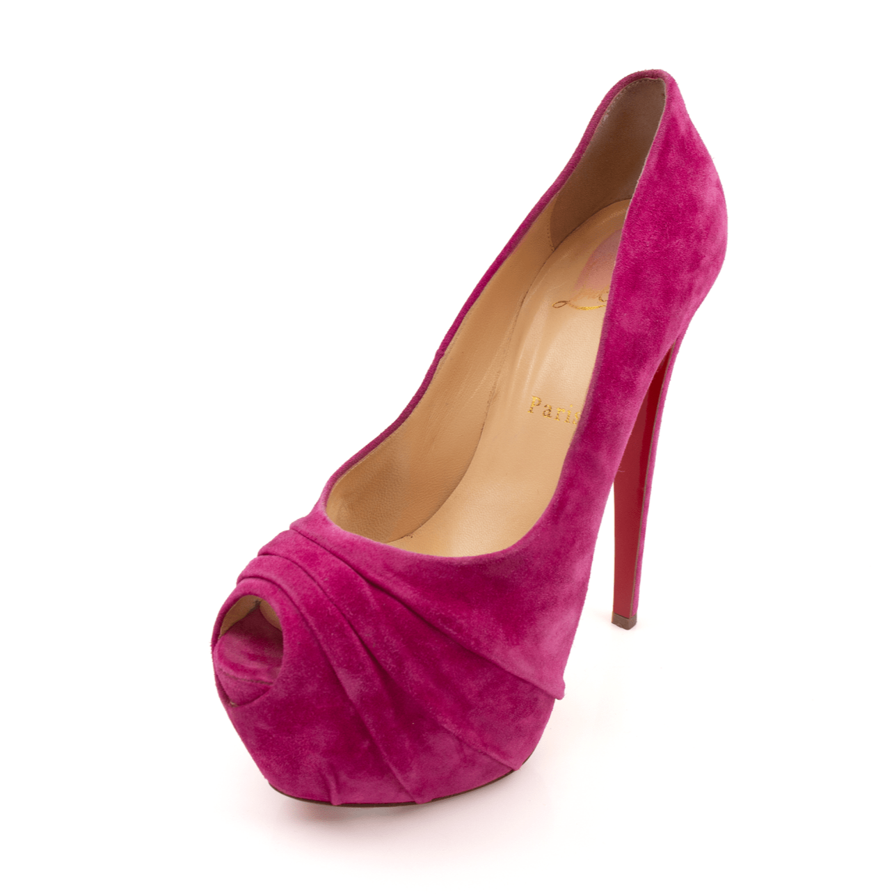 Gold & Beyond Louboutin Drapesse heels featuring sleek black design with elegant straps and pointed toe.