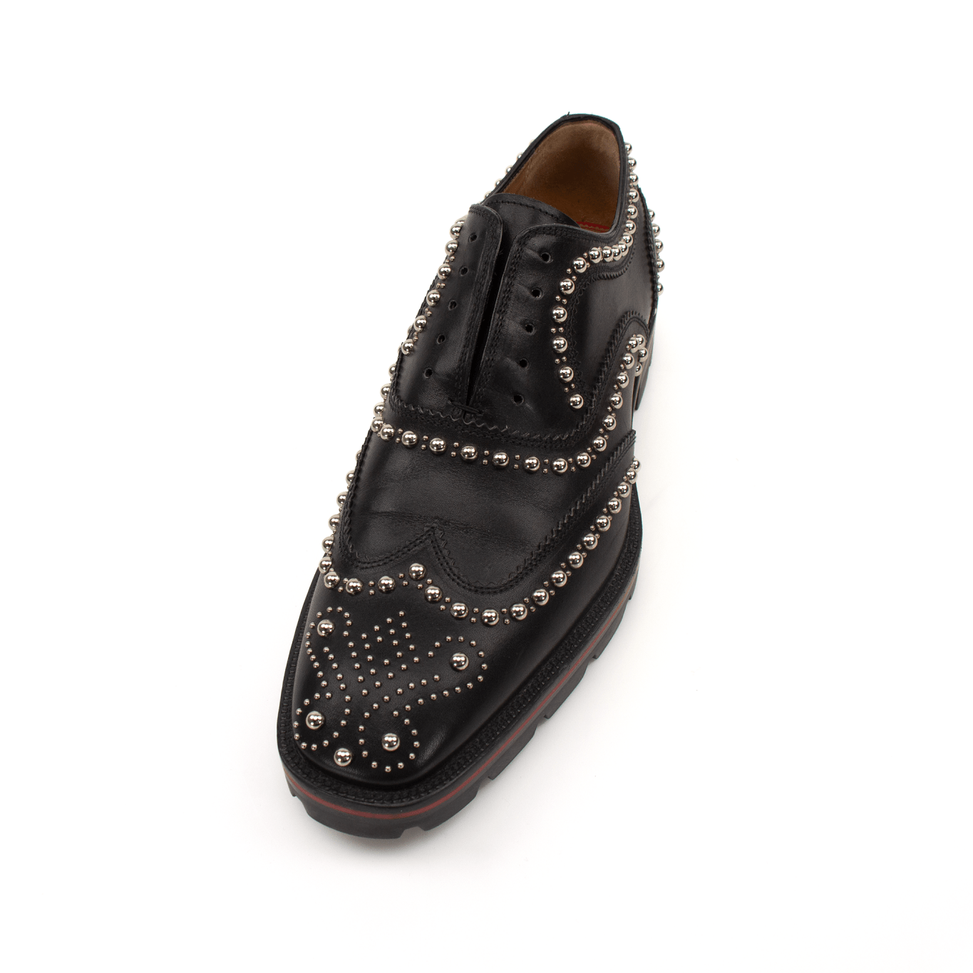 Christian Louboutin Charlie Studded Oxford shoes with black leather and gold-tone stud details, stylish men's footwear.