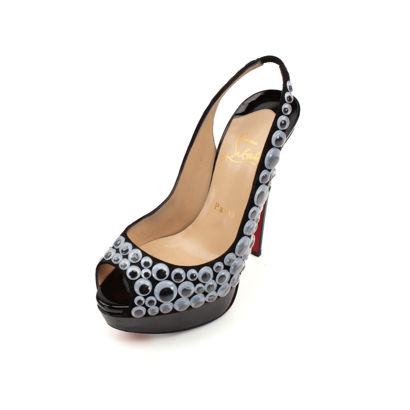 Christian Louboutin Deja Vu 150 platform heels with red sole, gold accents, and elegant design, displayed on a neutral background.