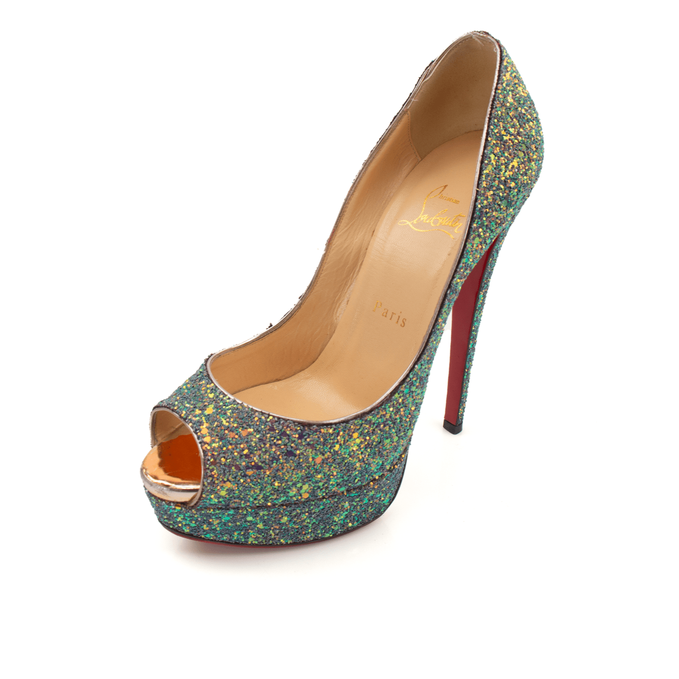 Gold & Beyond Christian Louboutin glitter peep heels with a pointed toe and stiletto heel, adorned with sparkling glitter.
