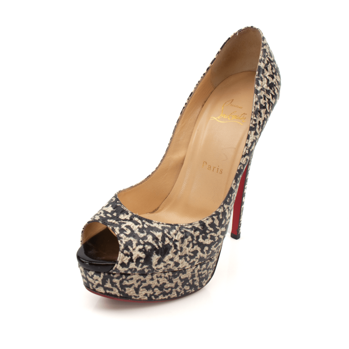 Gold & Beyond Louboutin Lady Peep Heels, elegant black heels with peep-toe design and stylish stiletto heel.