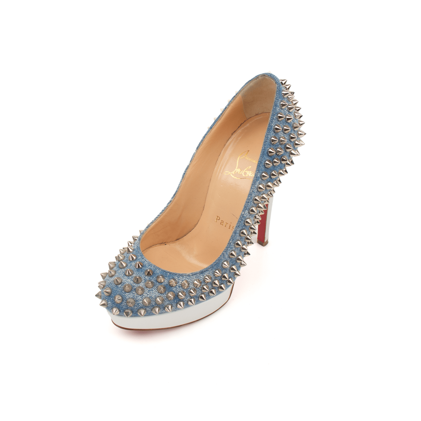 Christian Louboutin Bianca Spike Pumps in black heels with signature red sole and spike detailing, photographed on a neutral background.