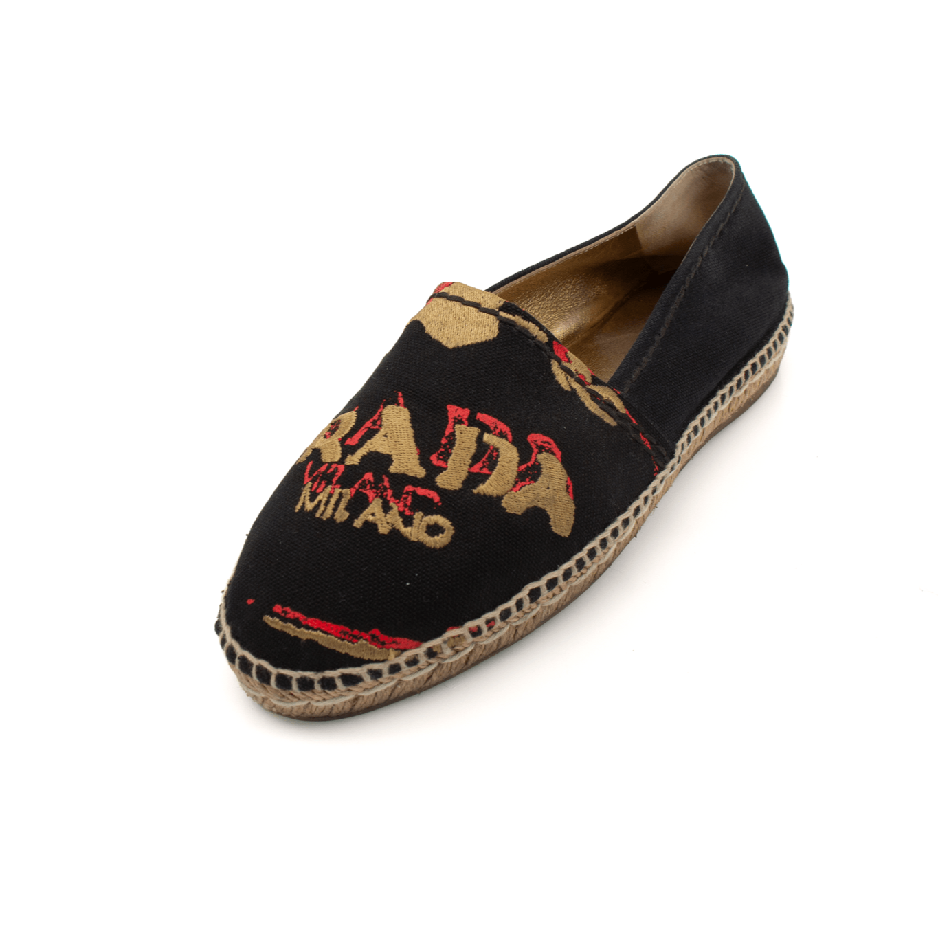 Gold & Beyond Prada Canvas Espadrilles shoes featuring beige and navy fabric with rope soles, casual summer footwear.