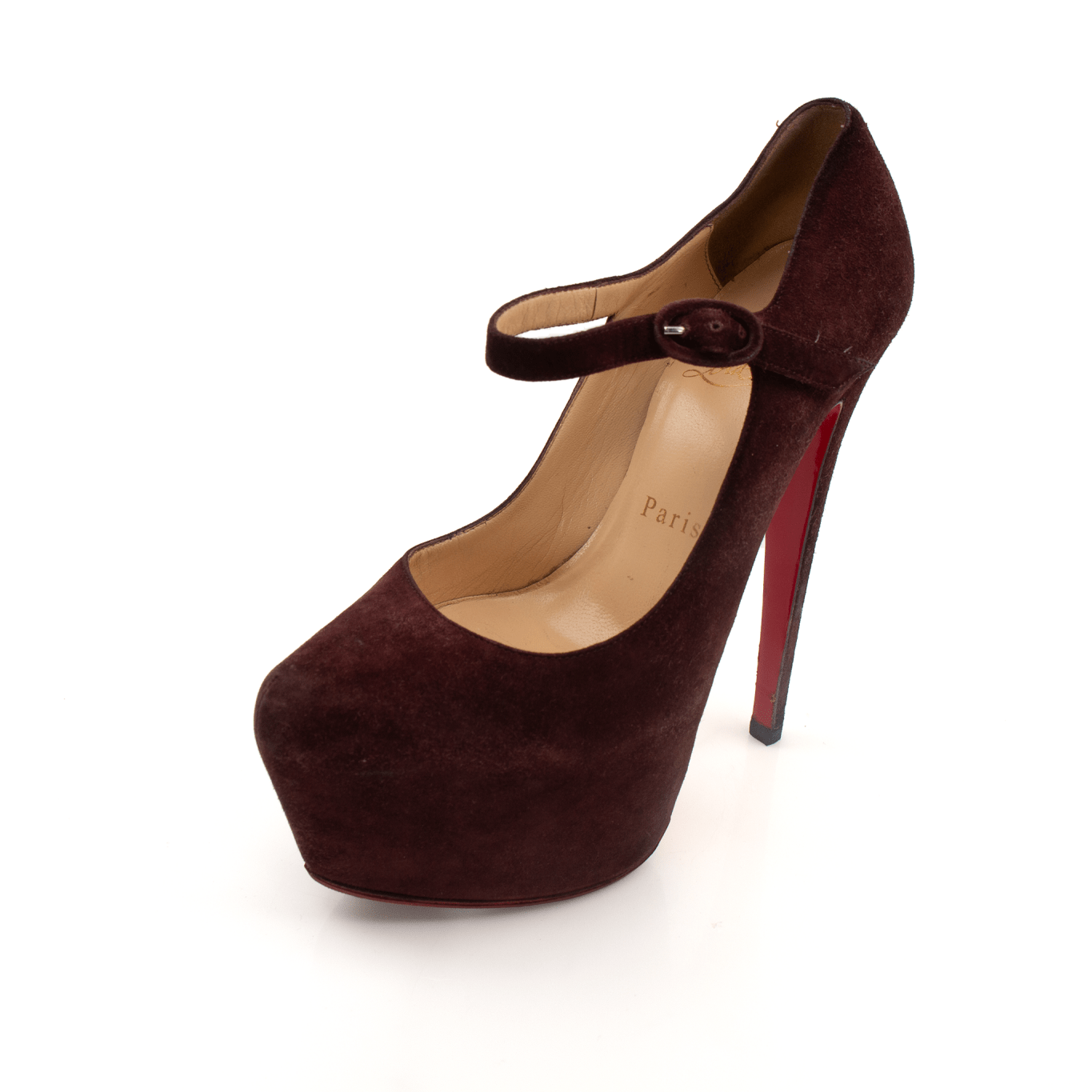 Christian Louboutin Lady Daf Veau Suede heels in red with signature red soles and elegant pointed toe design.