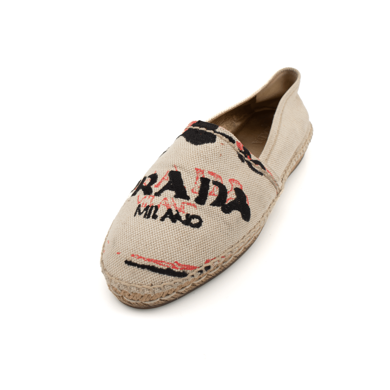 Gold & Beyond Prada Canvas Espadrilles shoes with woven fabric and rubber soles, stylish and comfortable for casual wear.
