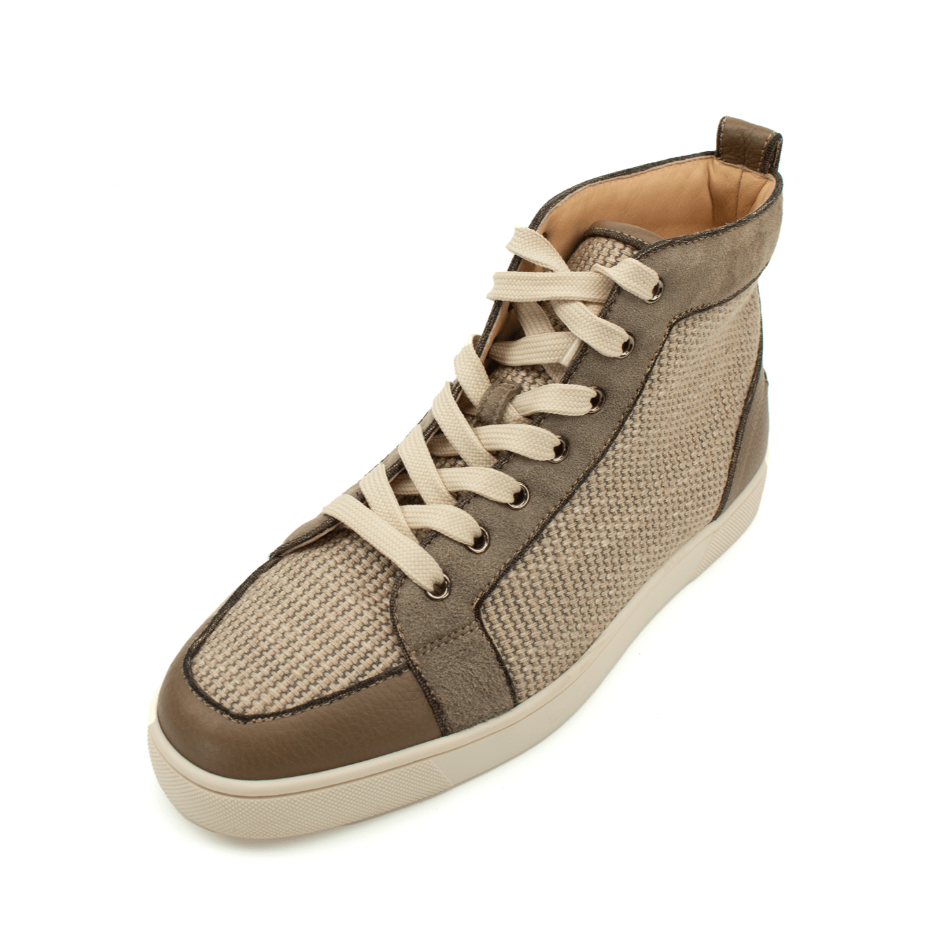 Christian Louboutin high top sneakers by Gold & Beyond featuring black leather uppers and signature red soles.