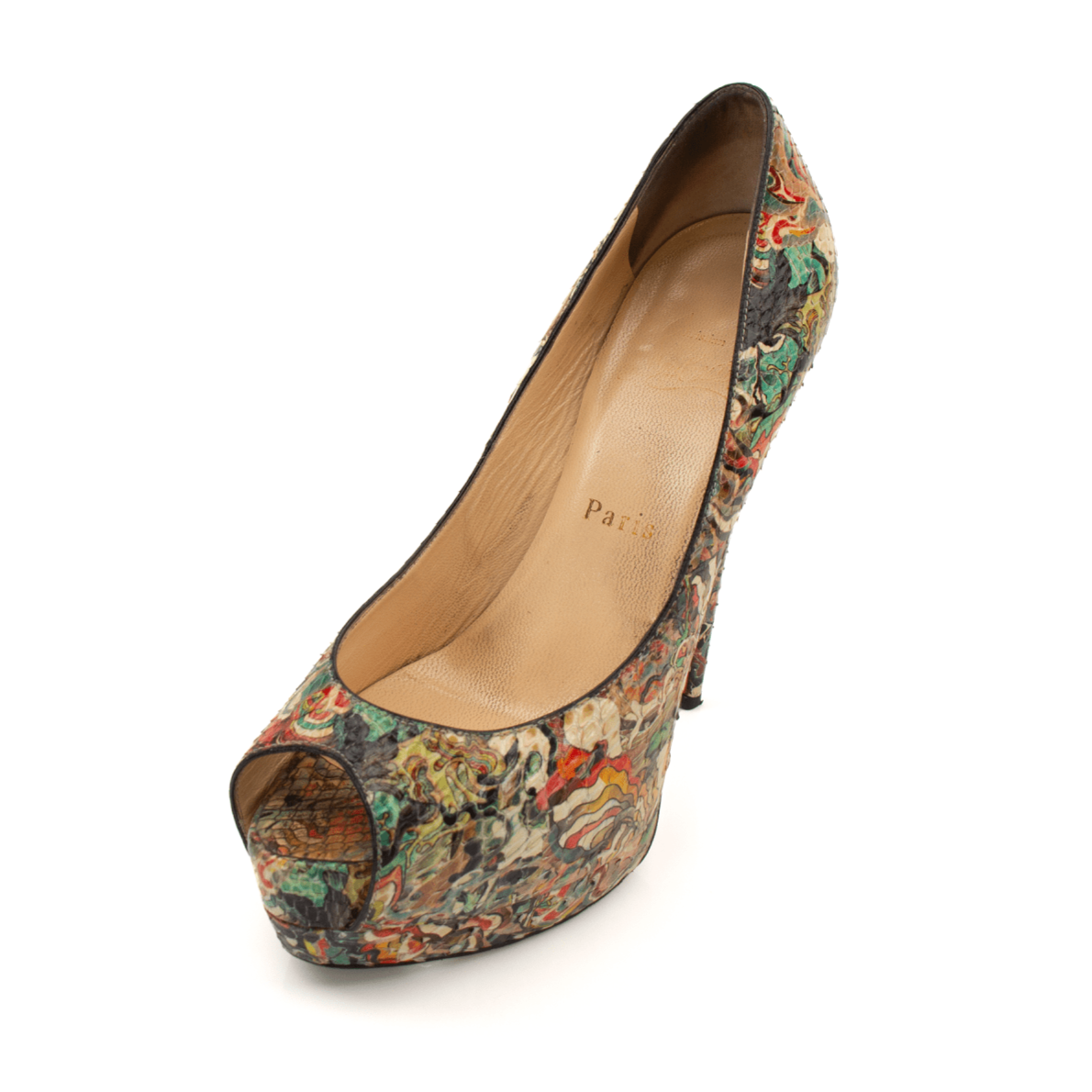 Christian Louboutin Multicolor Palais Pumps with signature red soles, featuring vibrant, multicolor design and elegant pointed toes.