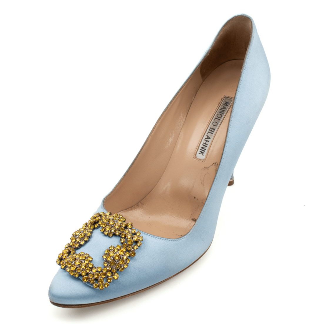 Manolo Blahnik crystal satin heels with elegant design and sparkling embellishments, perfect for formal occasions.