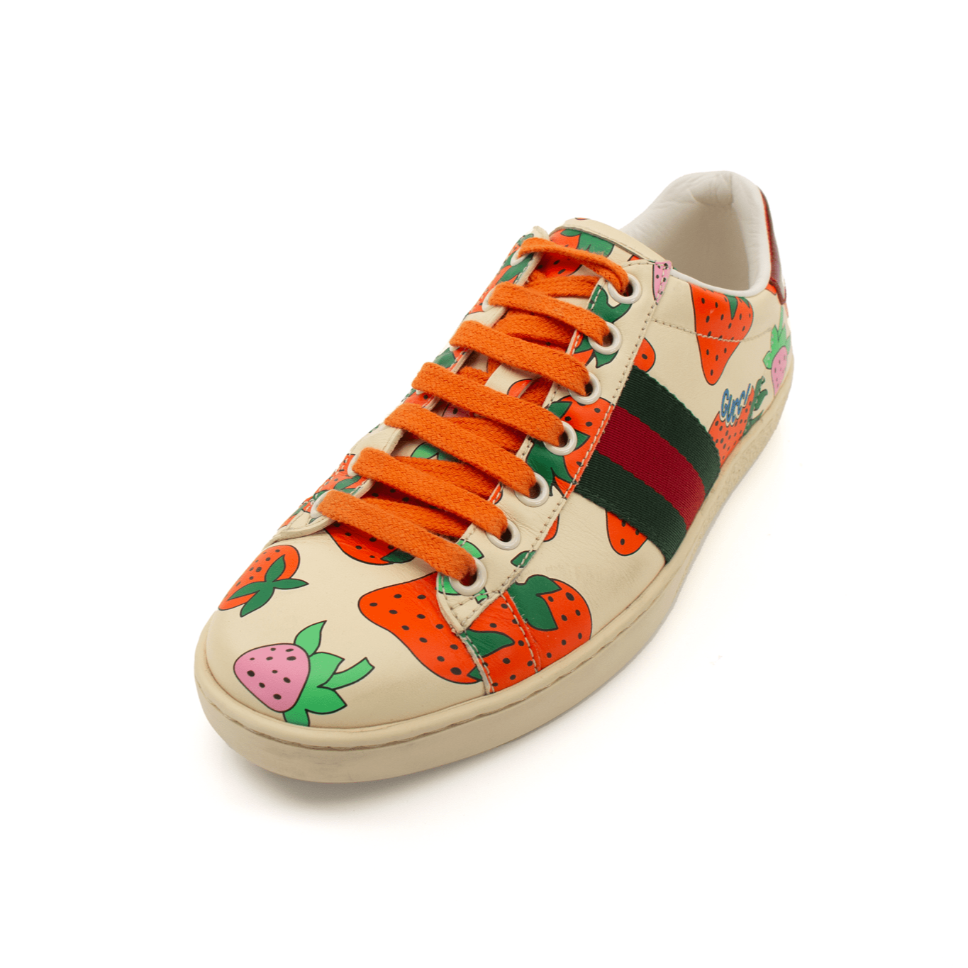 Gold & Beyond Gucci Strawberry Sneakers, stylish shoes with strawberry motif, featuring white laces and colorful design details.