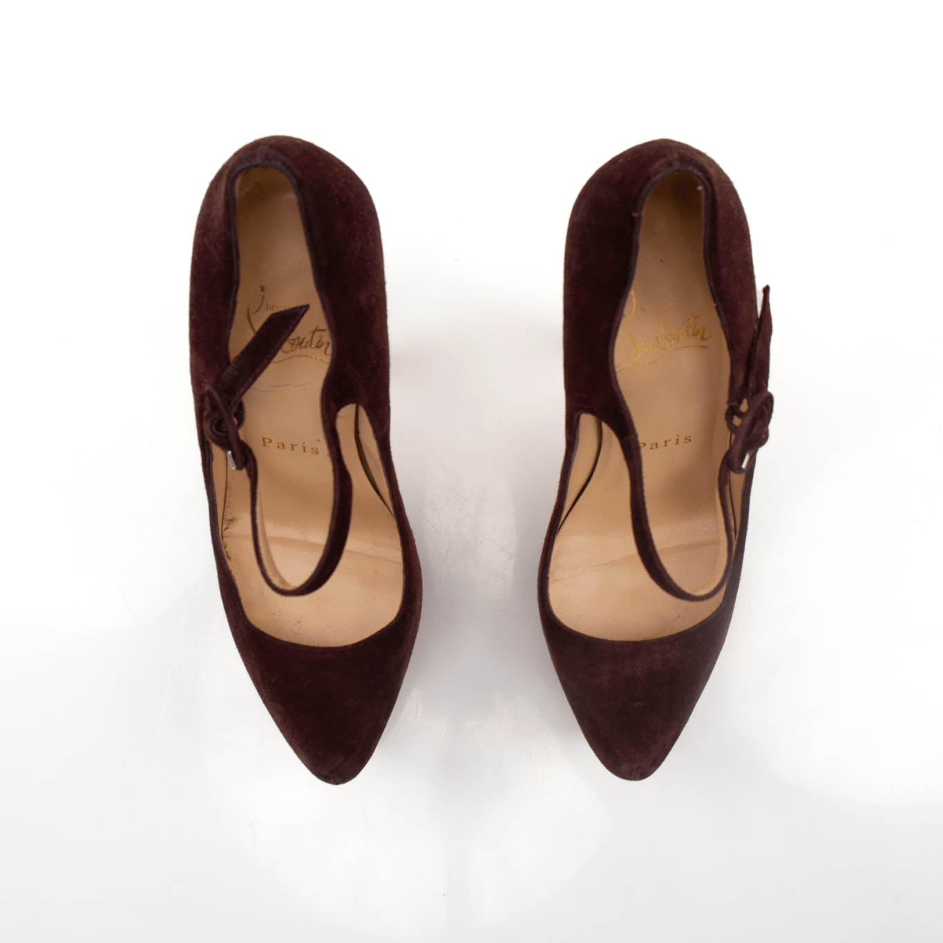 Christian Louboutin Lady Daf Veau Suede Heels in red with signature red sole, showcasing elegant high-heeled shoes with a pointed toe design.