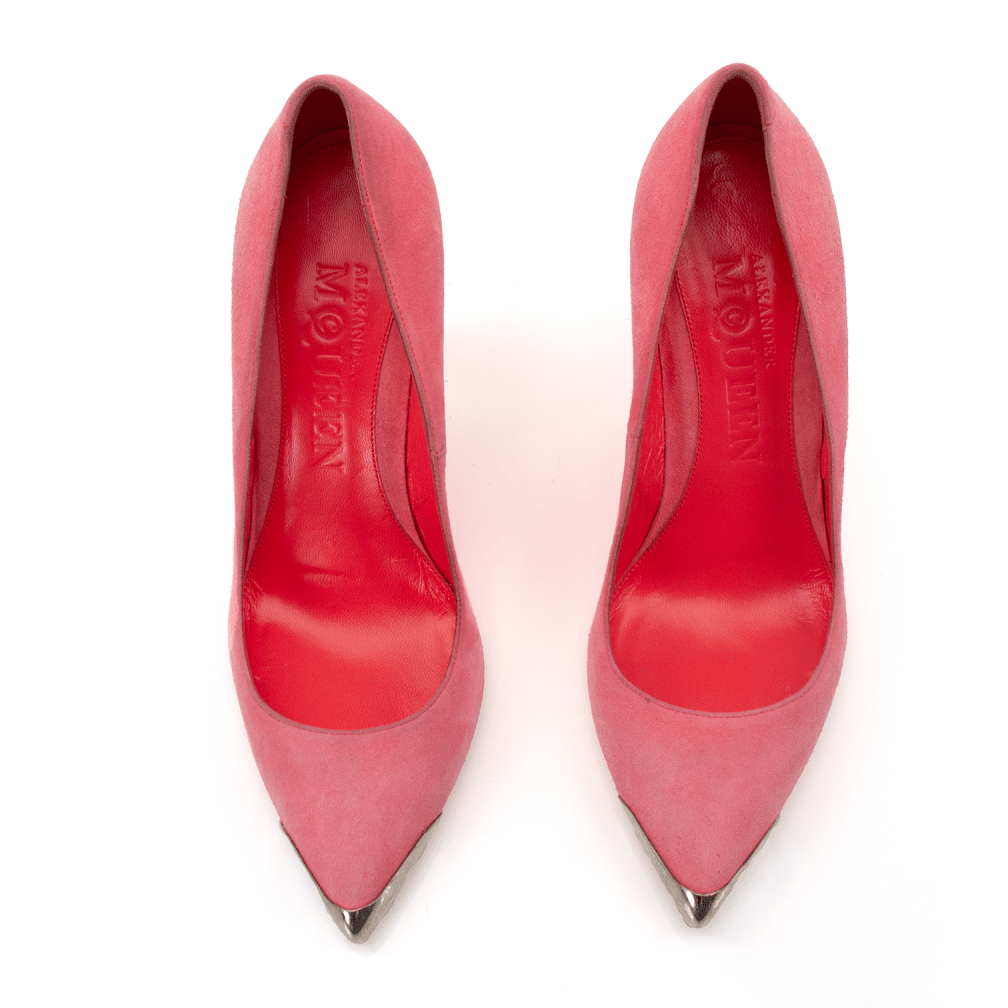 Gold & Beyond McQueen Suede Heels featuring elegant pointed toes and stylish design, perfect for formal or evening wear.