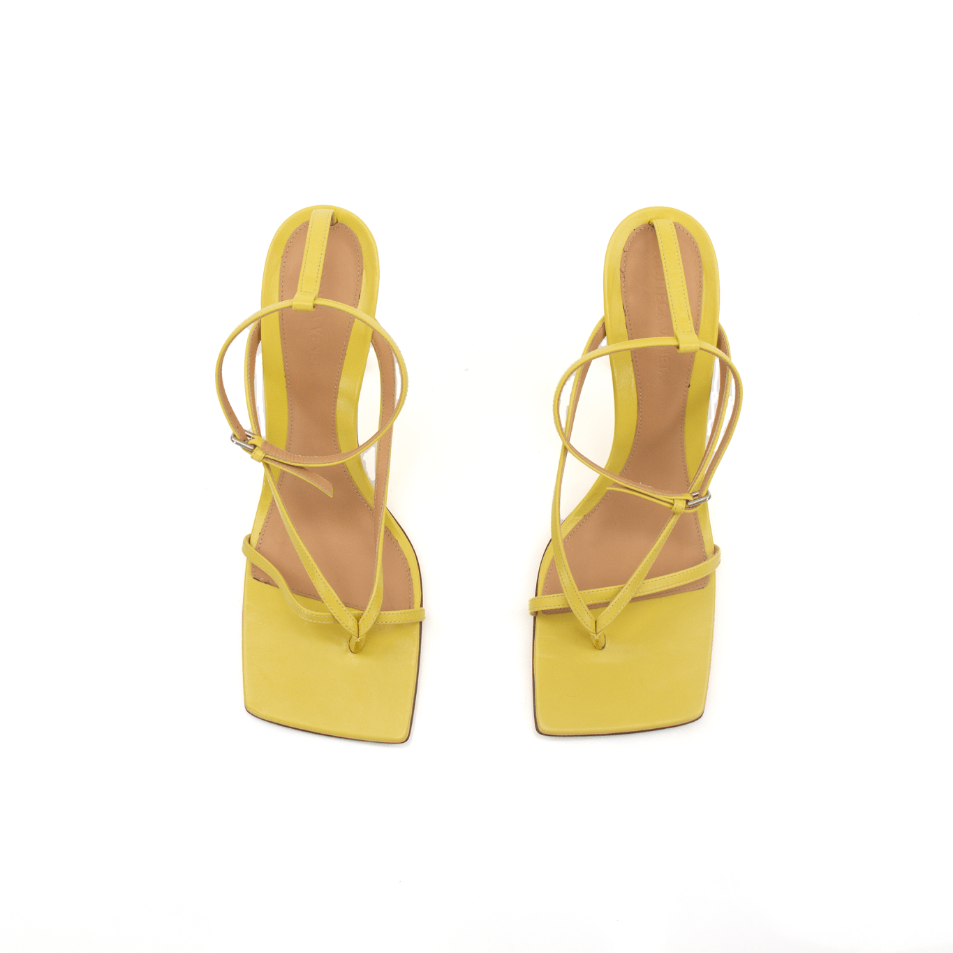 Yellow Bottega Veneta strap sandals from Gold & Beyond, featuring stylish leather straps and open-toe design.
