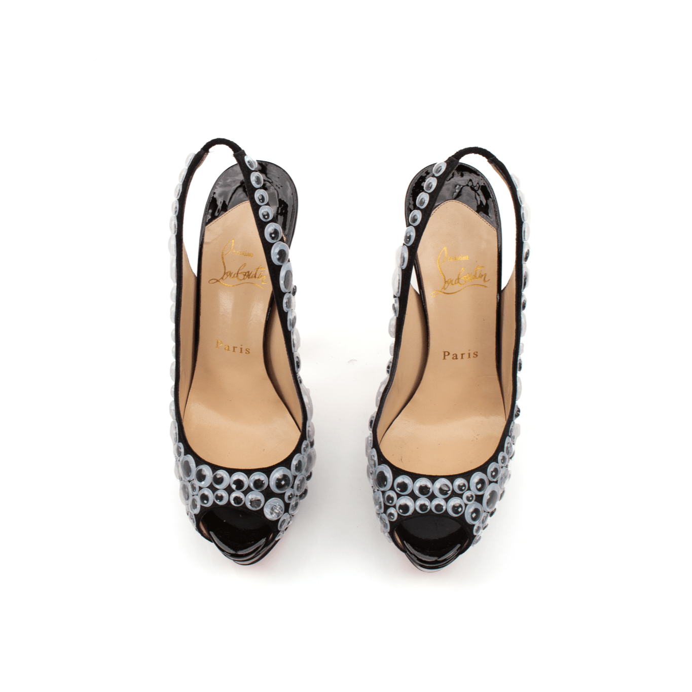 Christian Louboutin Deja Vu 150 platform pumps with red soles, gold and black heels, and elegant stiletto design.