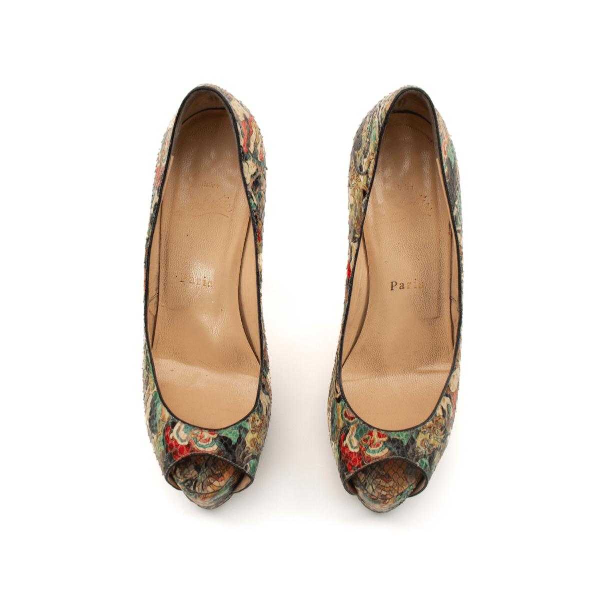 Christian Louboutin Palais Pumps in multicolor with signature red soles, stylish and elegant footwear for women.