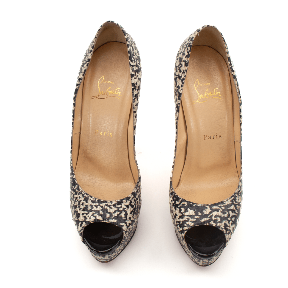 Gold & Beyond Louboutin Lady Peep Heels featuring a sleek design with peep toe and elegant high heel style.