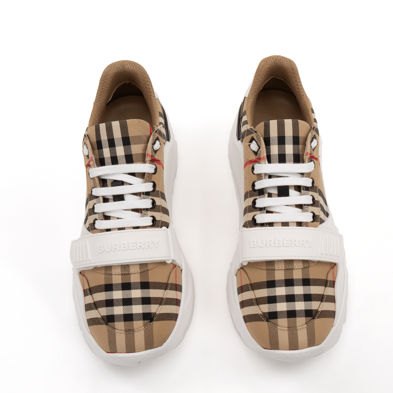Gold & Beyond Burberry Check trainers, stylish shoes with iconic check pattern, casual sneakers for everyday wear.