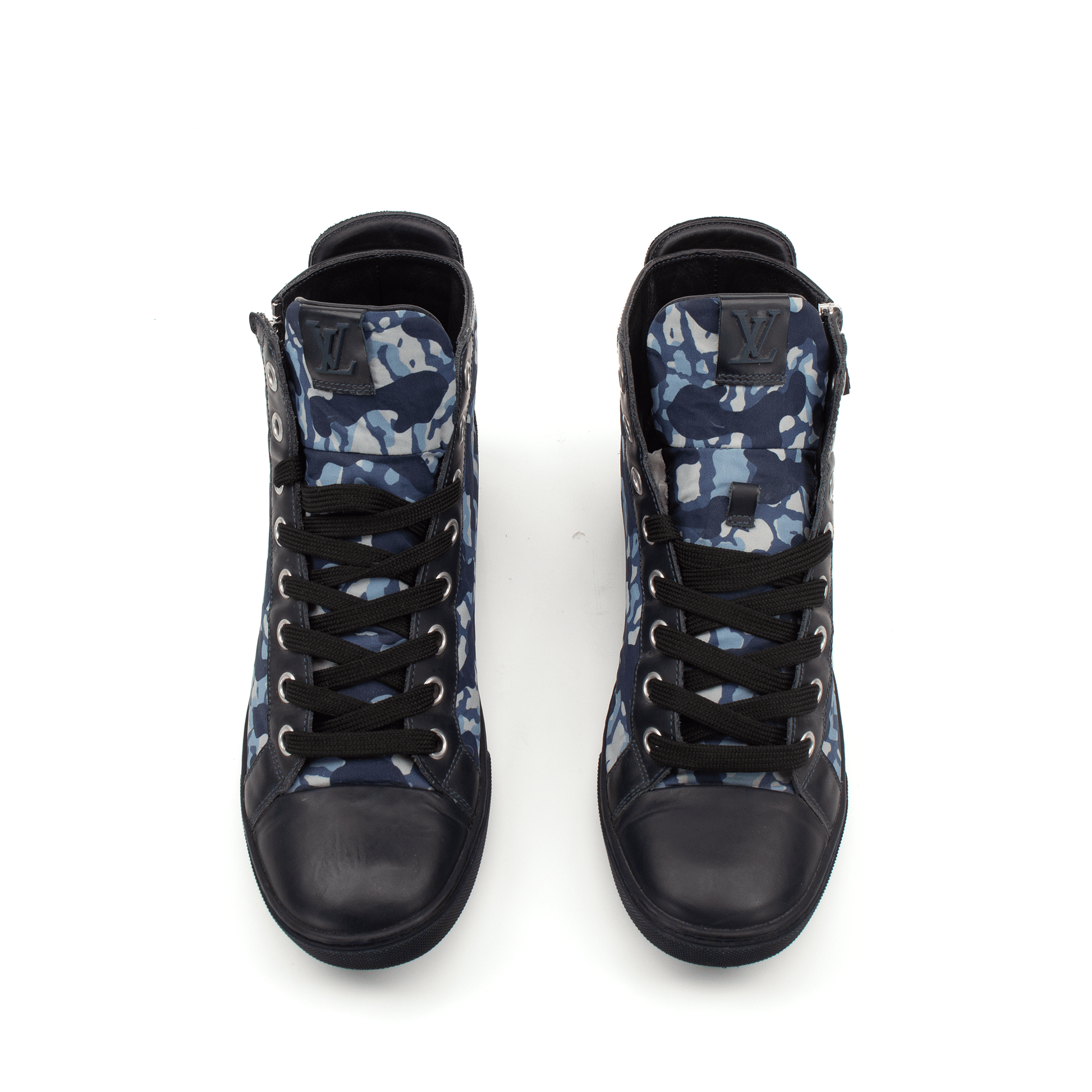 Louis Vuitton Paris Camo Sneakers by Gold & Beyond, stylish shoes with camo pattern, white laces, and sporty design.