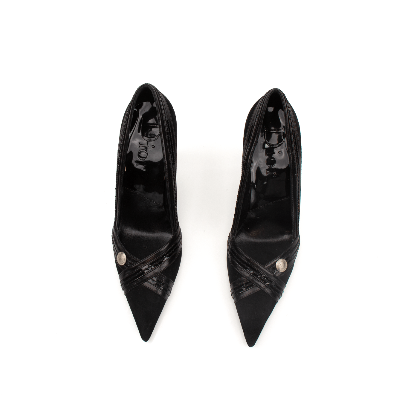 Christian Dior D-Moi high heels with sleek design, pointed toes, and elegant black leather finish.
