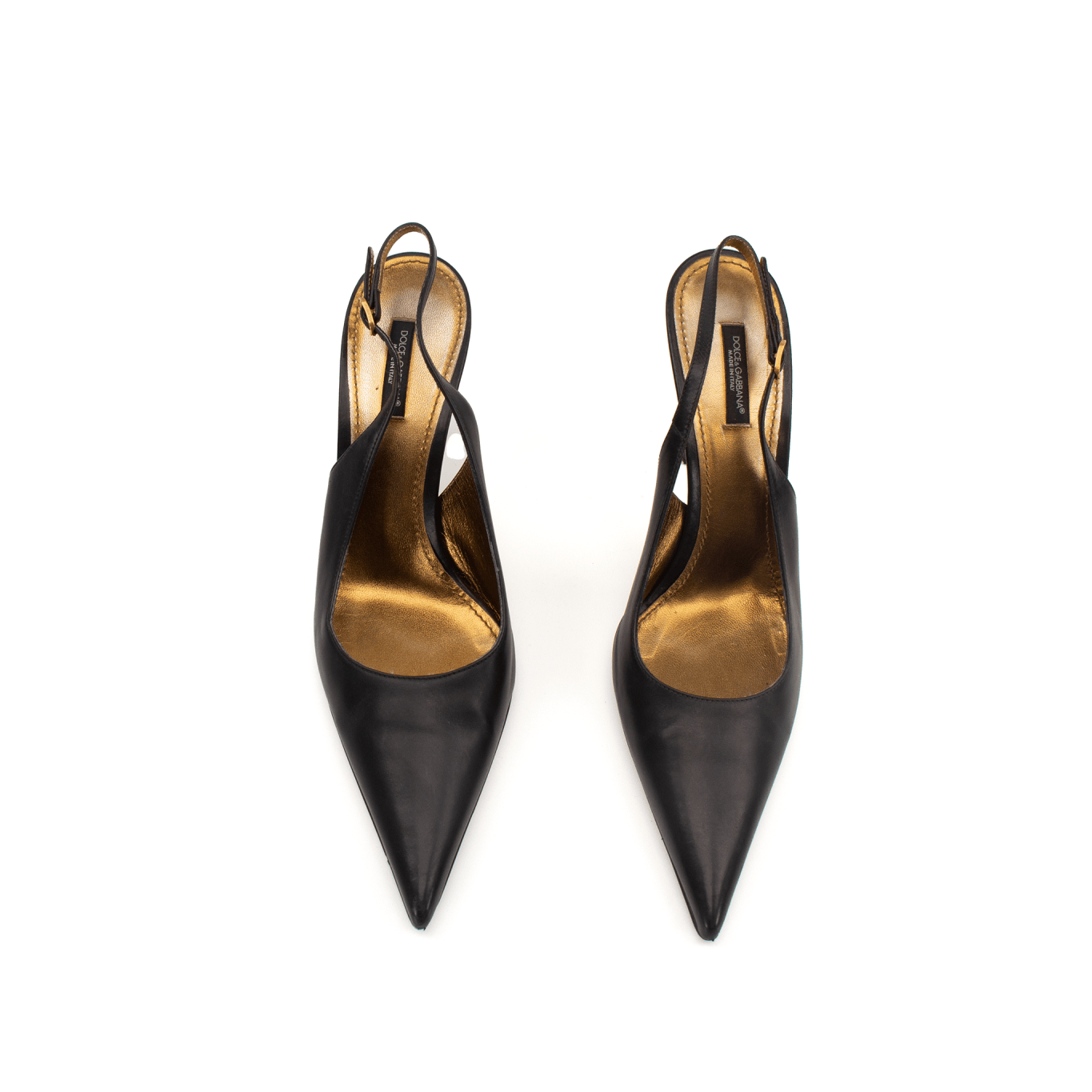 Gold & Beyond Dolce & Gabbana slingback heels with pointed toes and stylish design, featuring a sleek strap and elegant silhouette.
