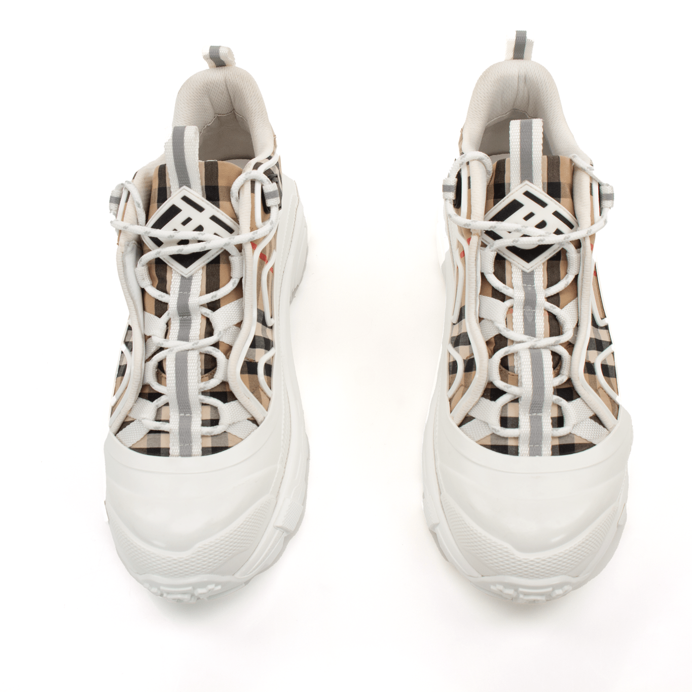 Gold &amp; Beyond Burberry rubber plaid chunky sneakers with thick soles and classic plaid pattern, stylish and comfortable shoes for casual wear.