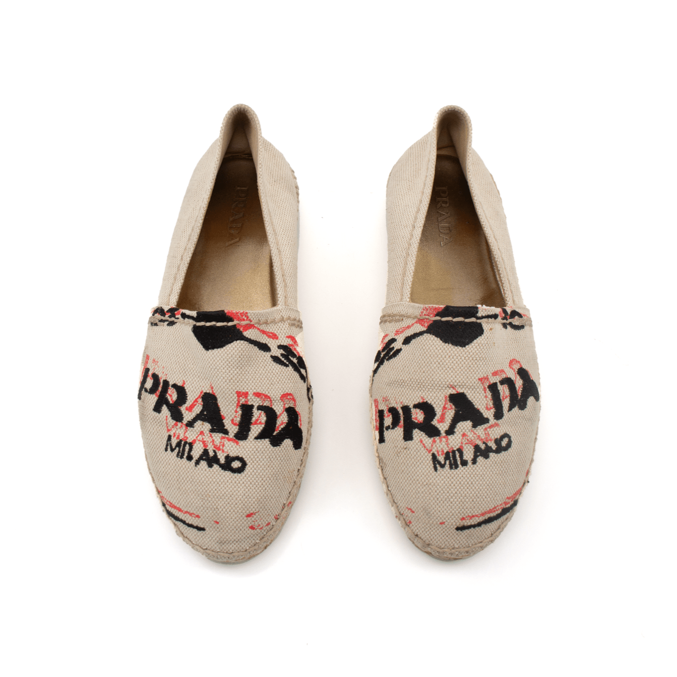 Prada Canvas Espadrilles by Gold & Beyond, stylish shoes with beige canvas upper and jute sole, perfect for casual wear.