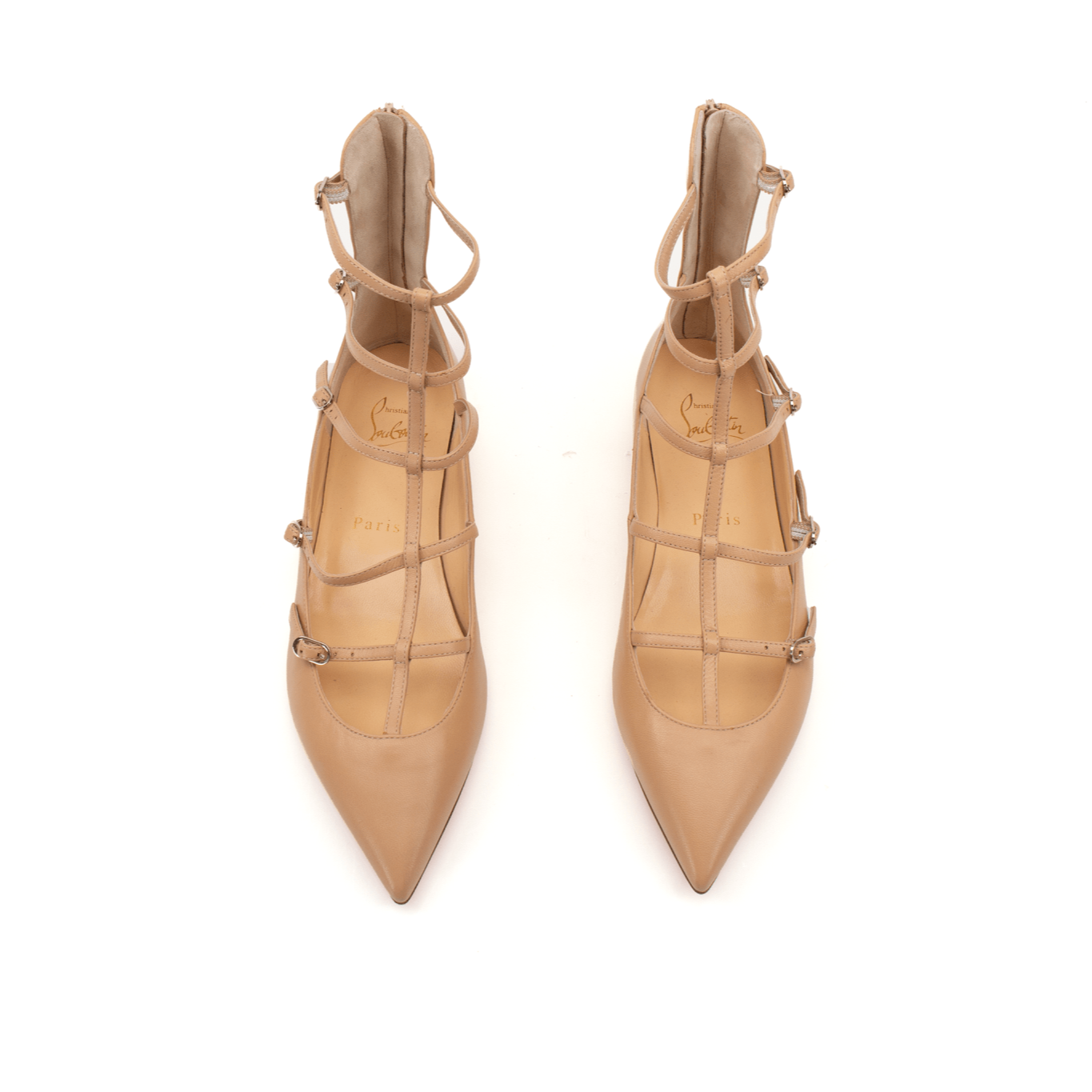 Christian Louboutin Cora Cage Flats showcasing elegant design with intricate cage detailing and a chic silhouette.
