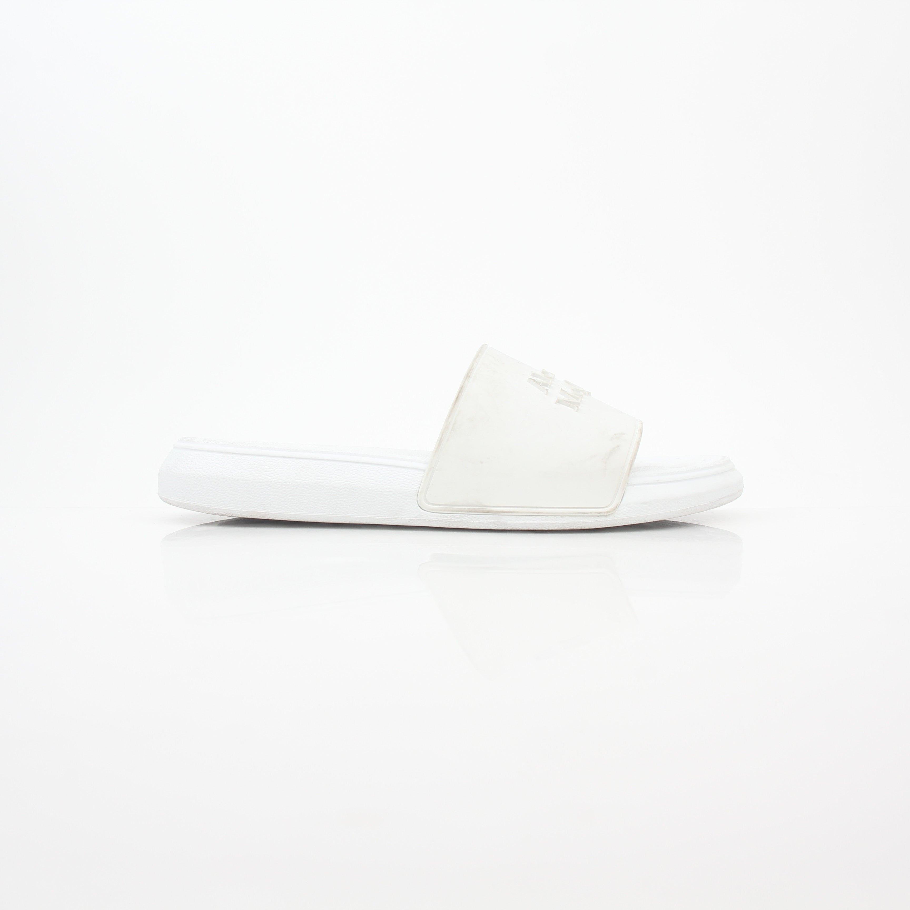 Alexander McQueen white logo pool slide sandals with open toe design and branded strap, casual footwear for warm weather.