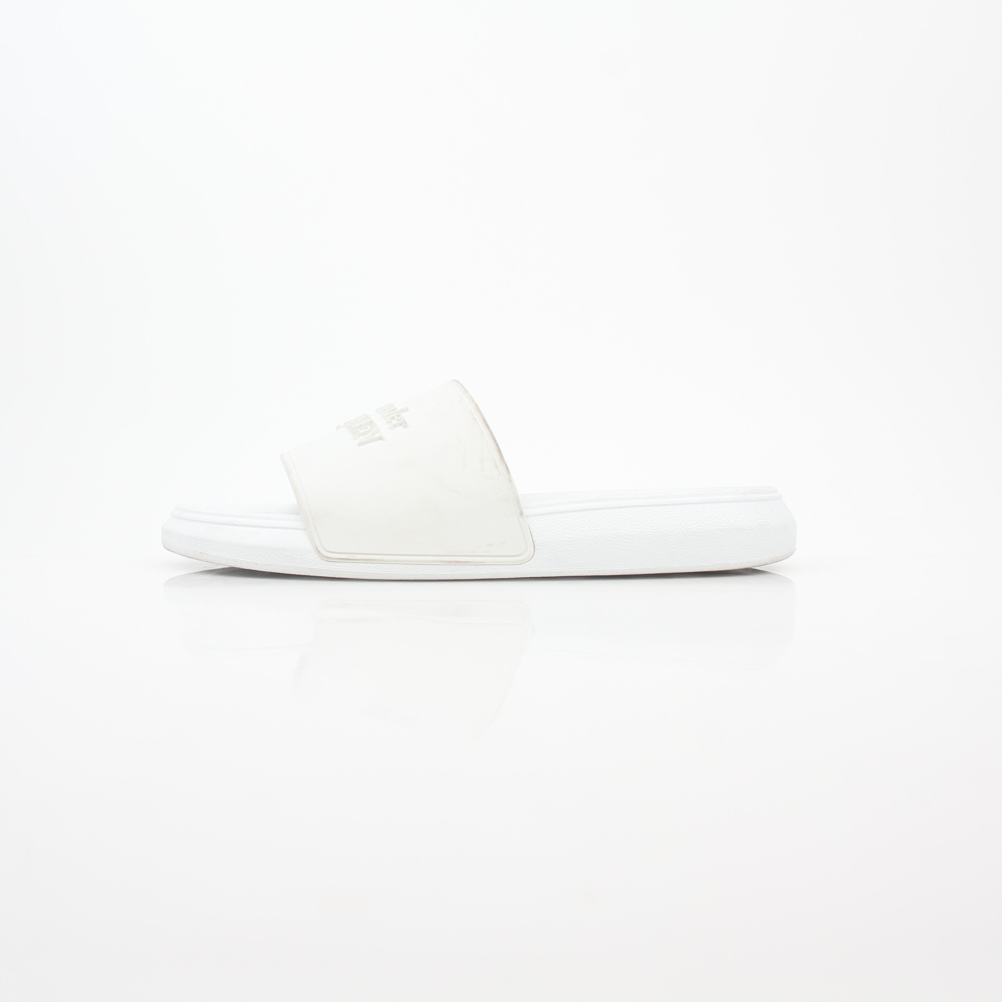 Alexander McQueen white logo pool slide sandals with open toe design and slip-on style, featuring bold logo branding.