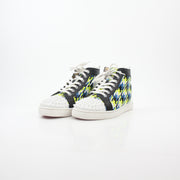 Close-up of Christian Louboutin Multicolor Louis Spikes high-top sneakers with spiked details, featuring vibrant colors and textured design.