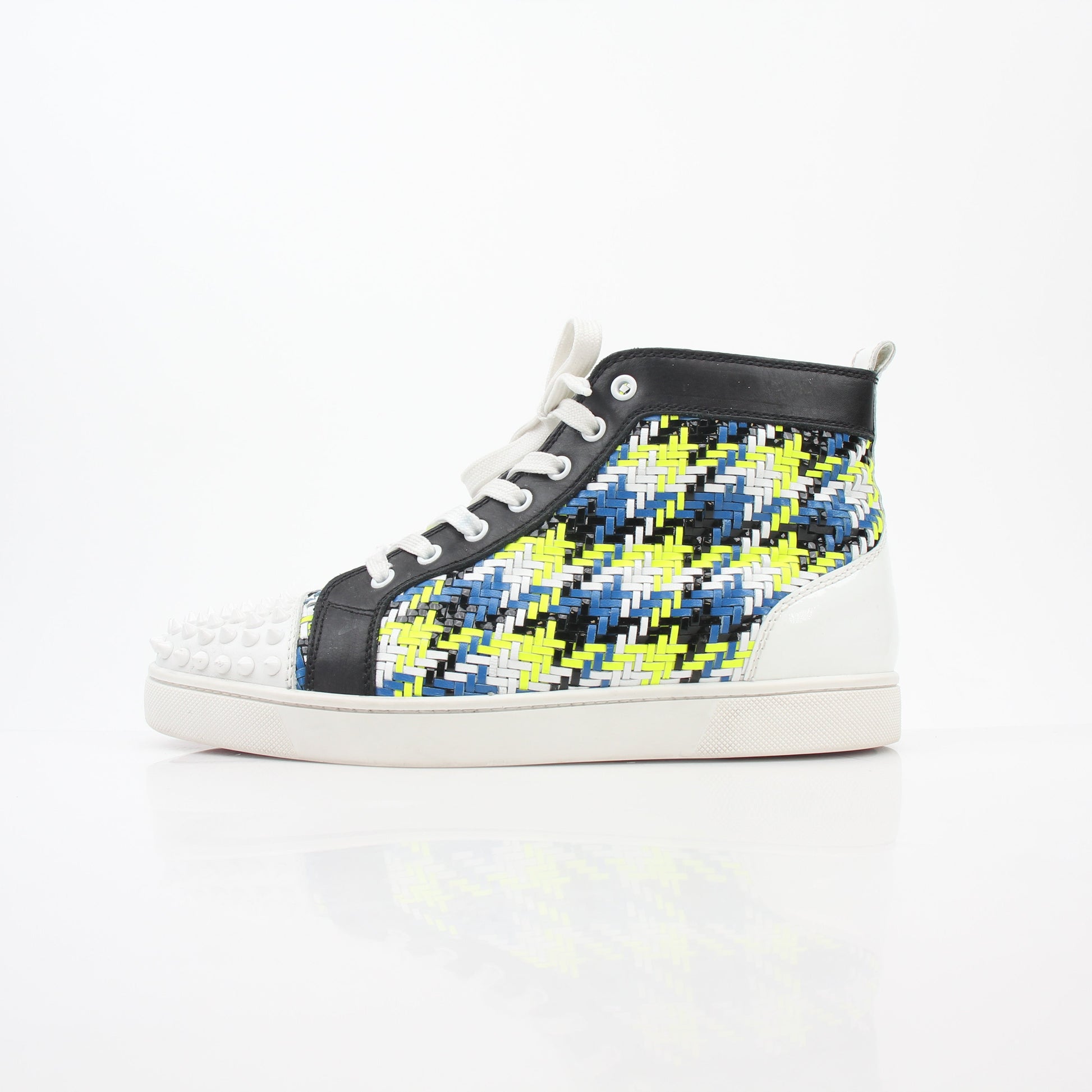 Close-up of Christian Louboutin Multicolor Louis Spikes high-top sneakers by Gold & Beyond, showcasing vibrant colors and spike detailing.