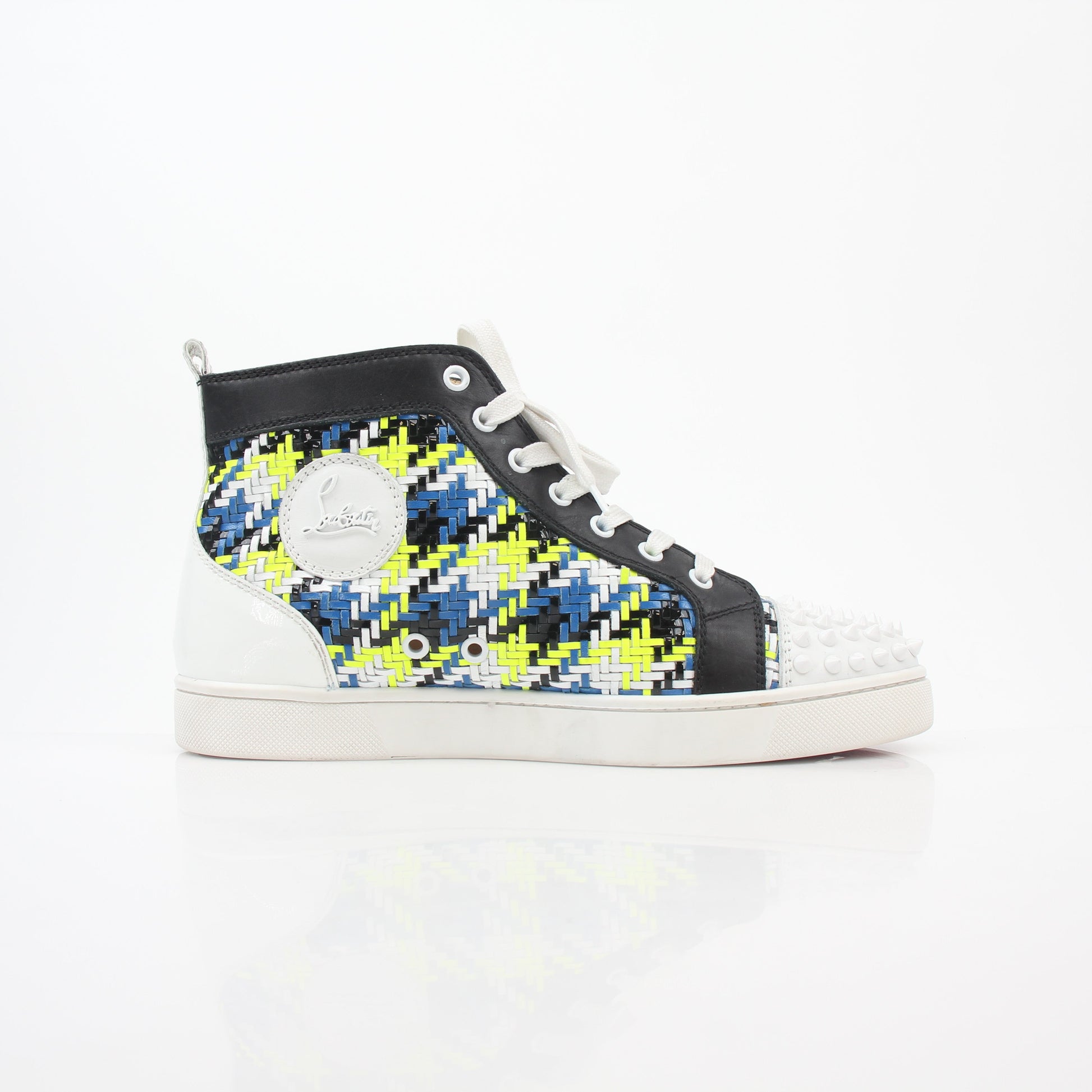 Close-up of Christian Louboutin Multicolor Louis Spikes high-top sneakers with vibrant spikes and detailed design by Gold & Beyond.