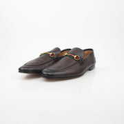 Gucci brown leather horsebit web loafers, stylish men's shoes with classic horsebit detail and sleek leather finish.