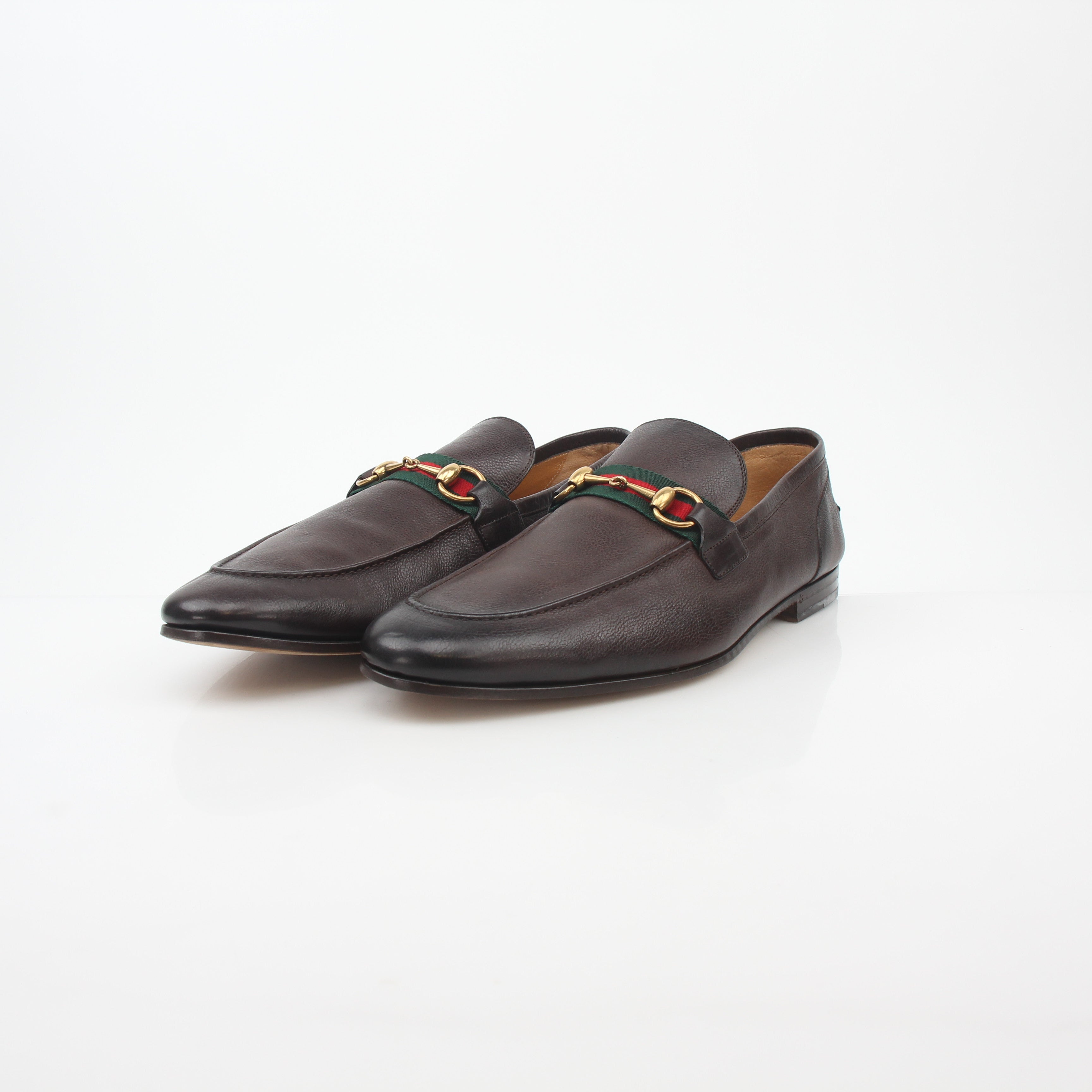 Gucci brown leather horsebit web loafers, stylish men's shoes with classic horsebit detail and sleek leather finish.