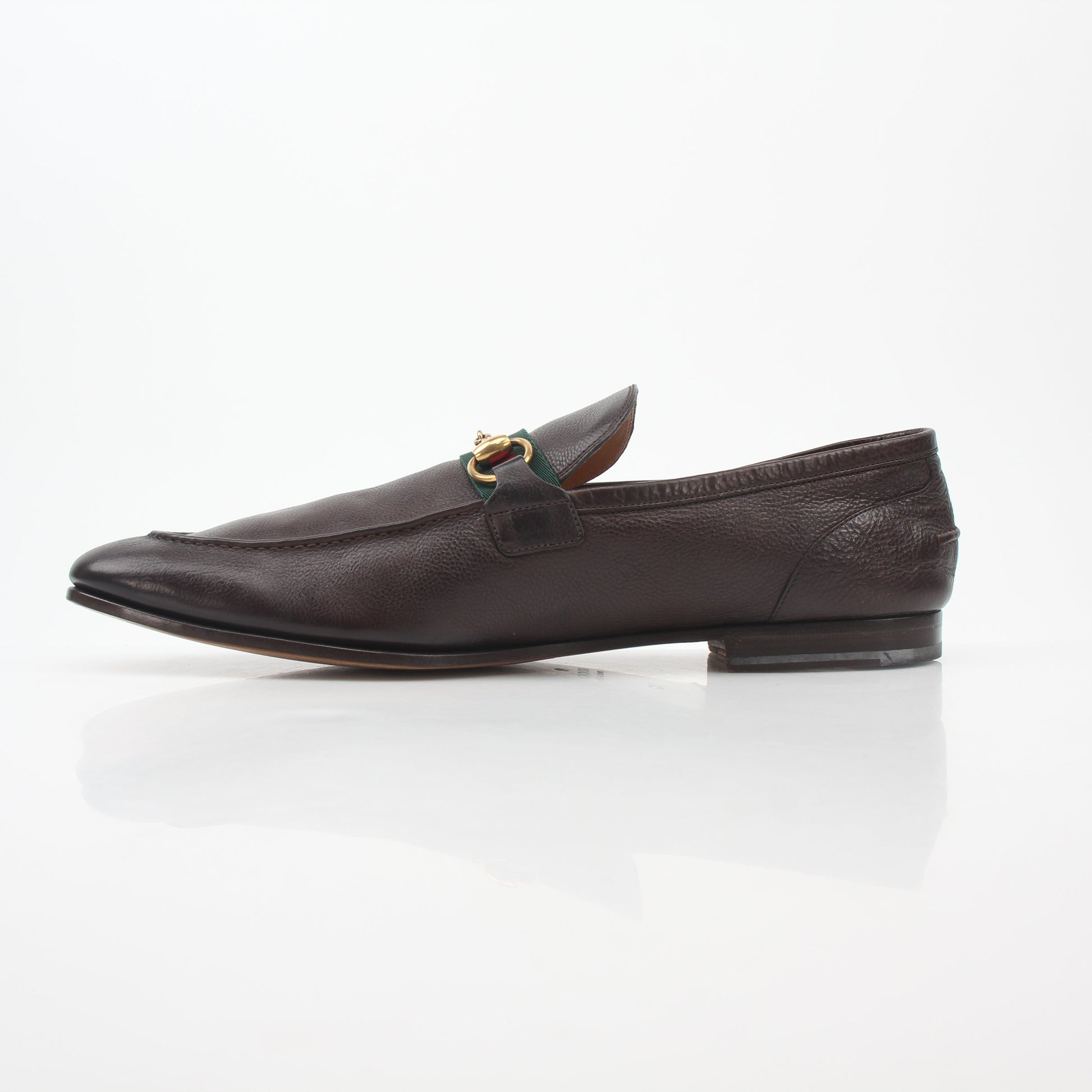 Gold & Beyond Gucci brown leather horsebit web loafers, stylish men's shoes with classic horsebit detail and comfortable slip-on design.