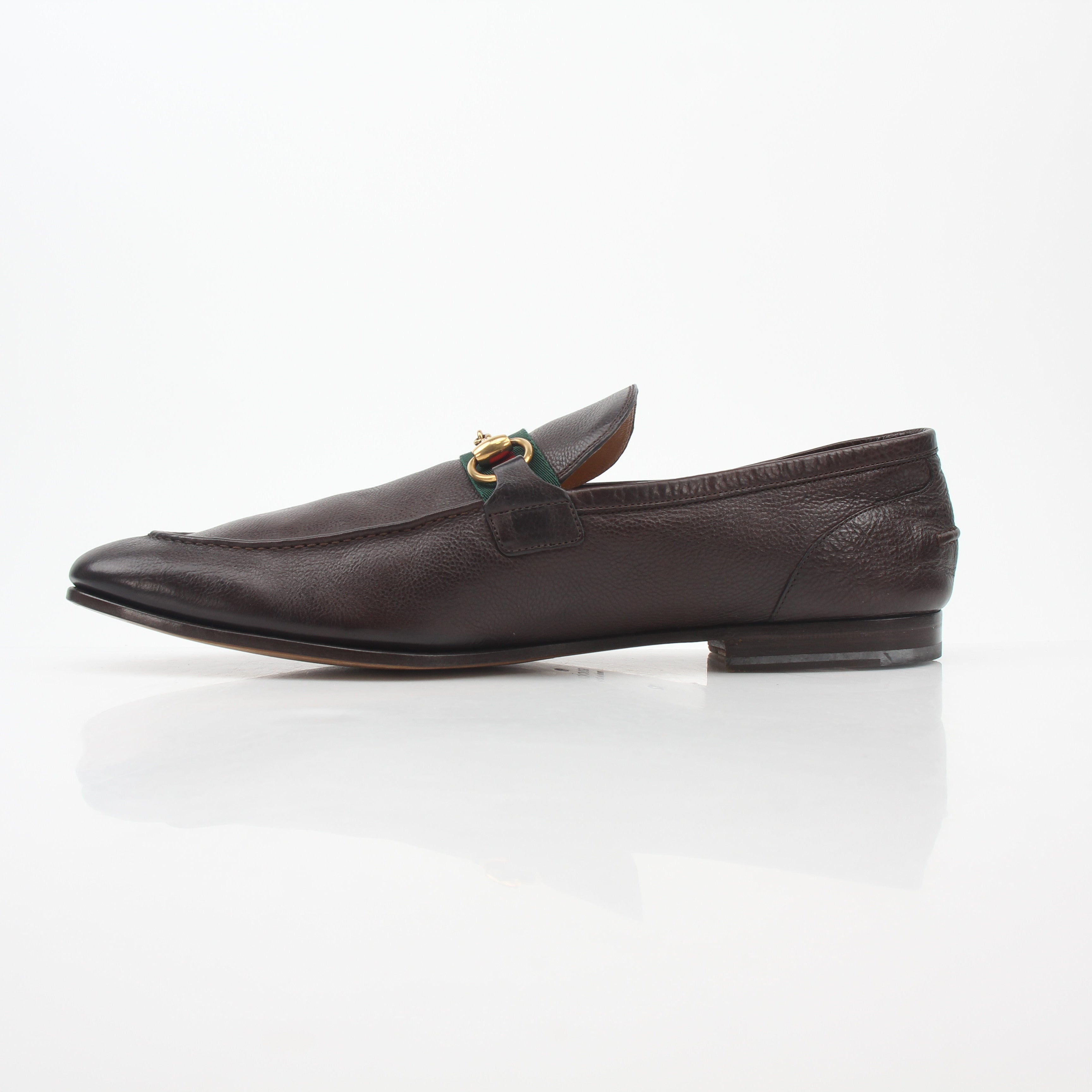 Gold & Beyond Gucci brown leather horsebit web loafers, stylish men's shoes with classic horsebit detail and comfortable slip-on design.