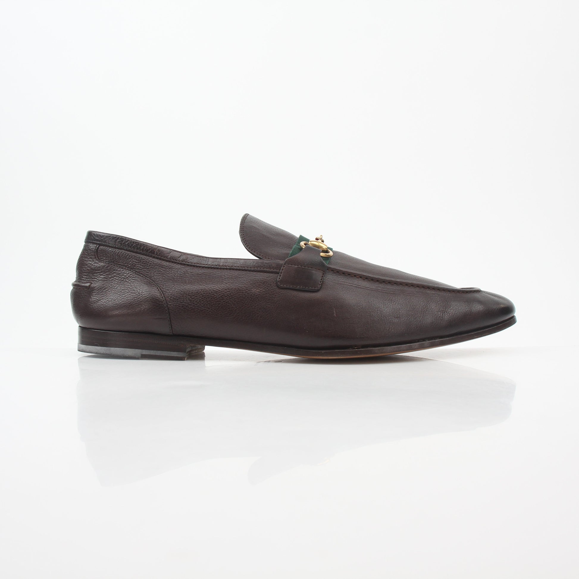 Gold & Beyond Gucci brown leather horsebit web loafers shoes with classic design and polished finish.