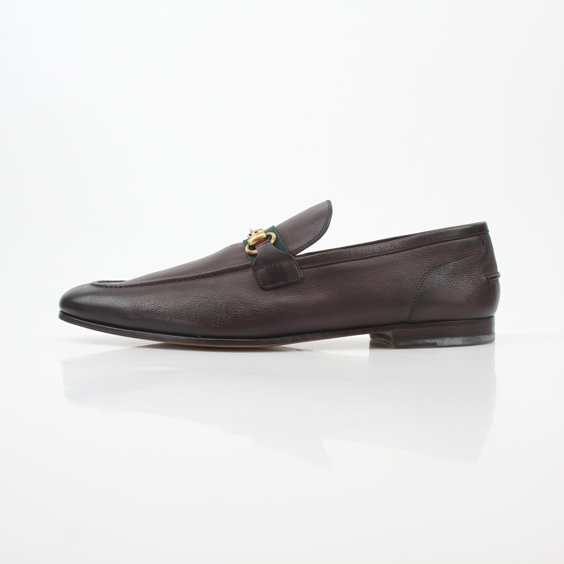Gold & Beyond Gucci brown leather horsebit web loafers, stylish shoes with classic design and horsebit detail.