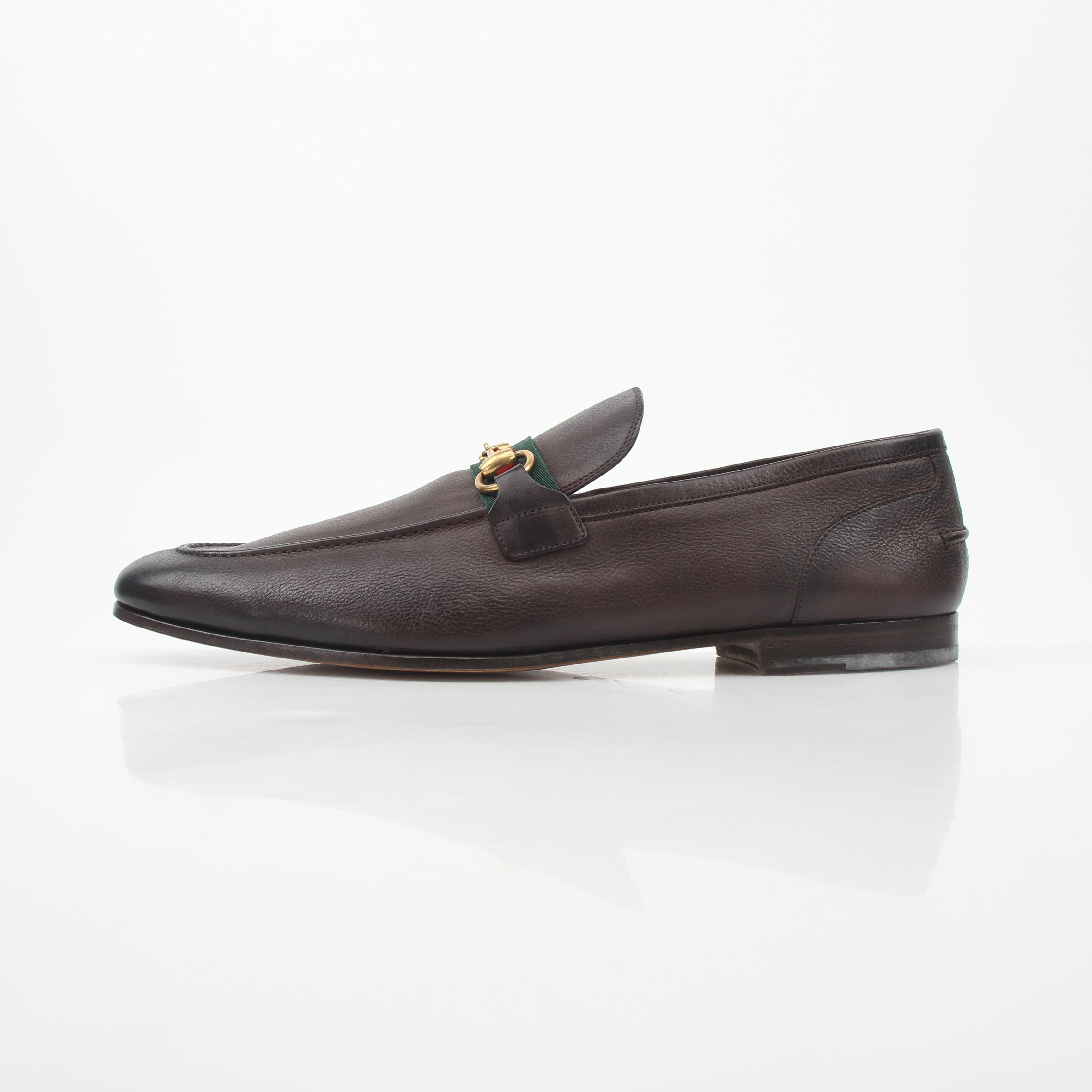 Gold & Beyond Gucci brown leather horsebit web loafers, stylish shoes with classic design and horsebit detail.