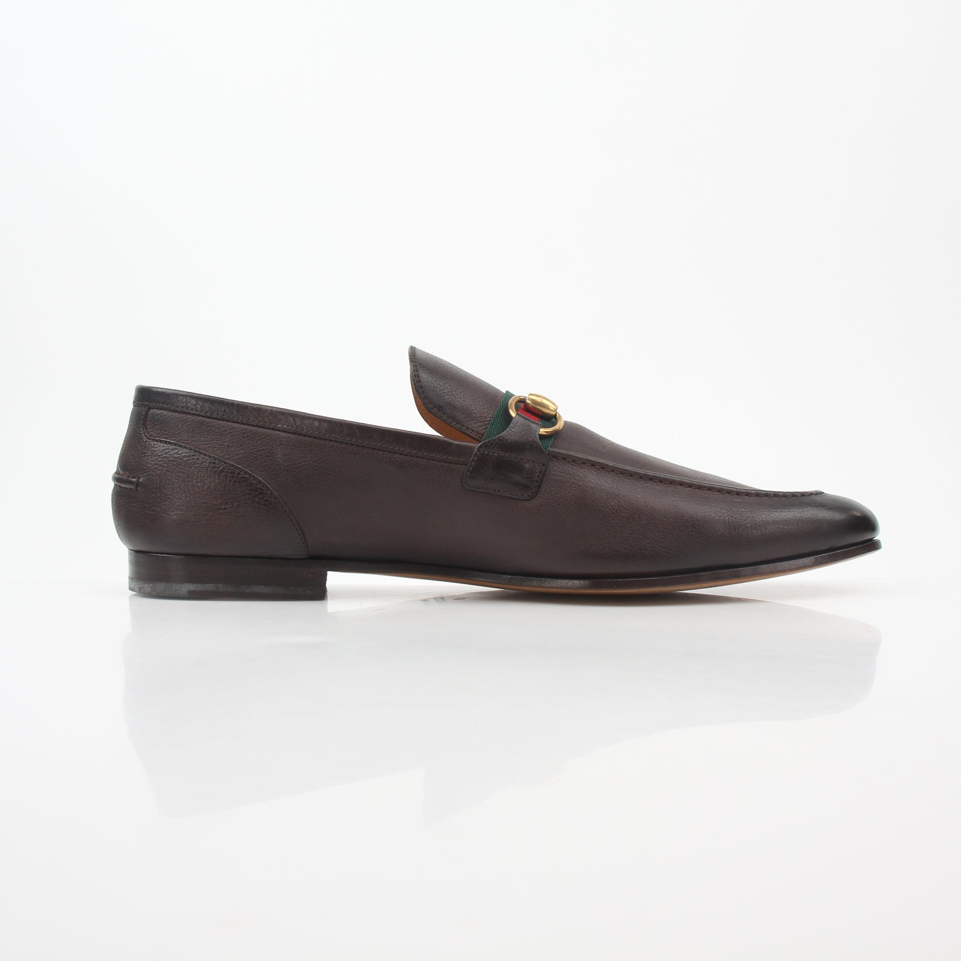 Gold & Beyond Gucci brown leather horsebit web loafers, stylish men's shoes with classic design and detailed stitching.