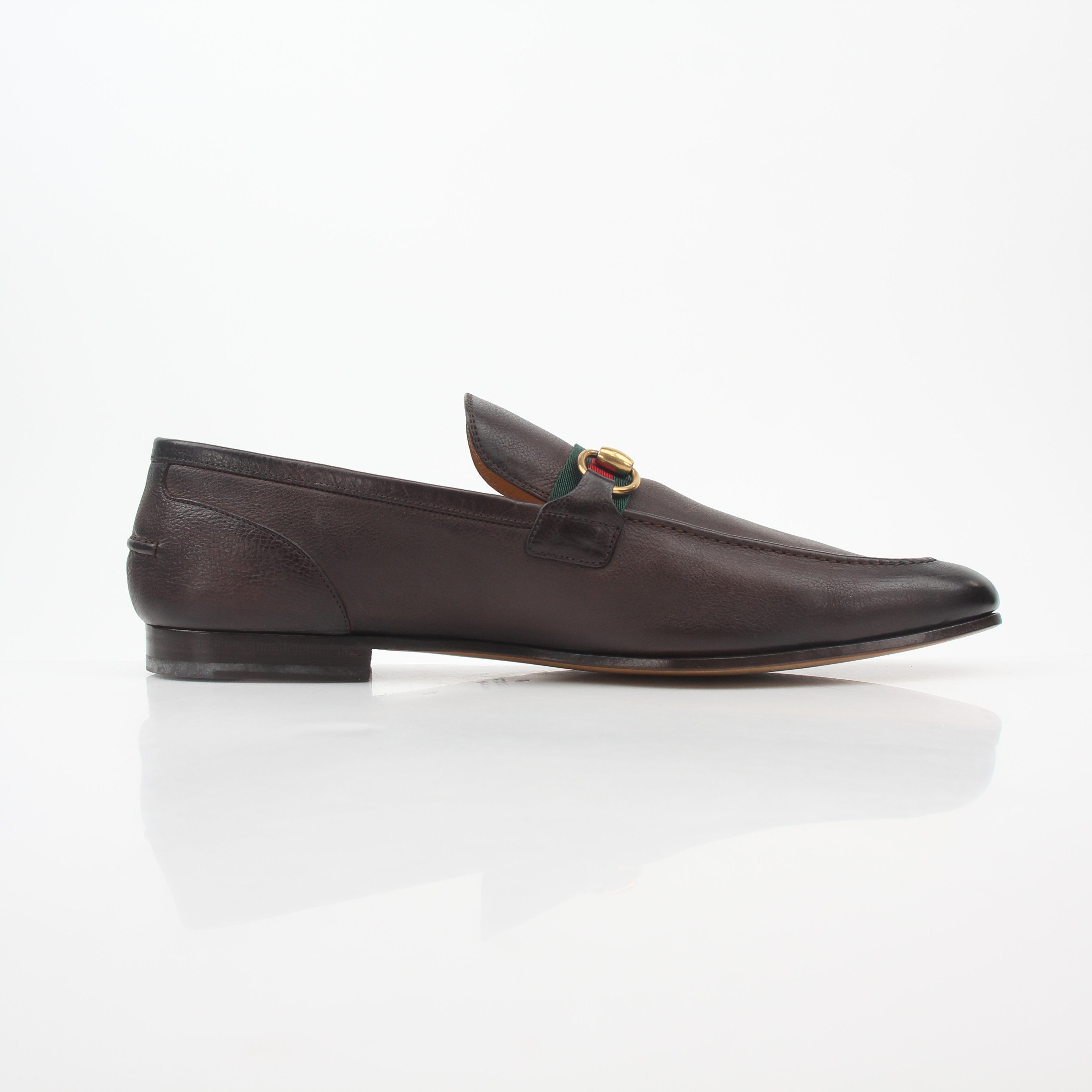 Gold & Beyond Gucci brown leather horsebit web loafers, stylish men's shoes with classic design and detailed stitching.
