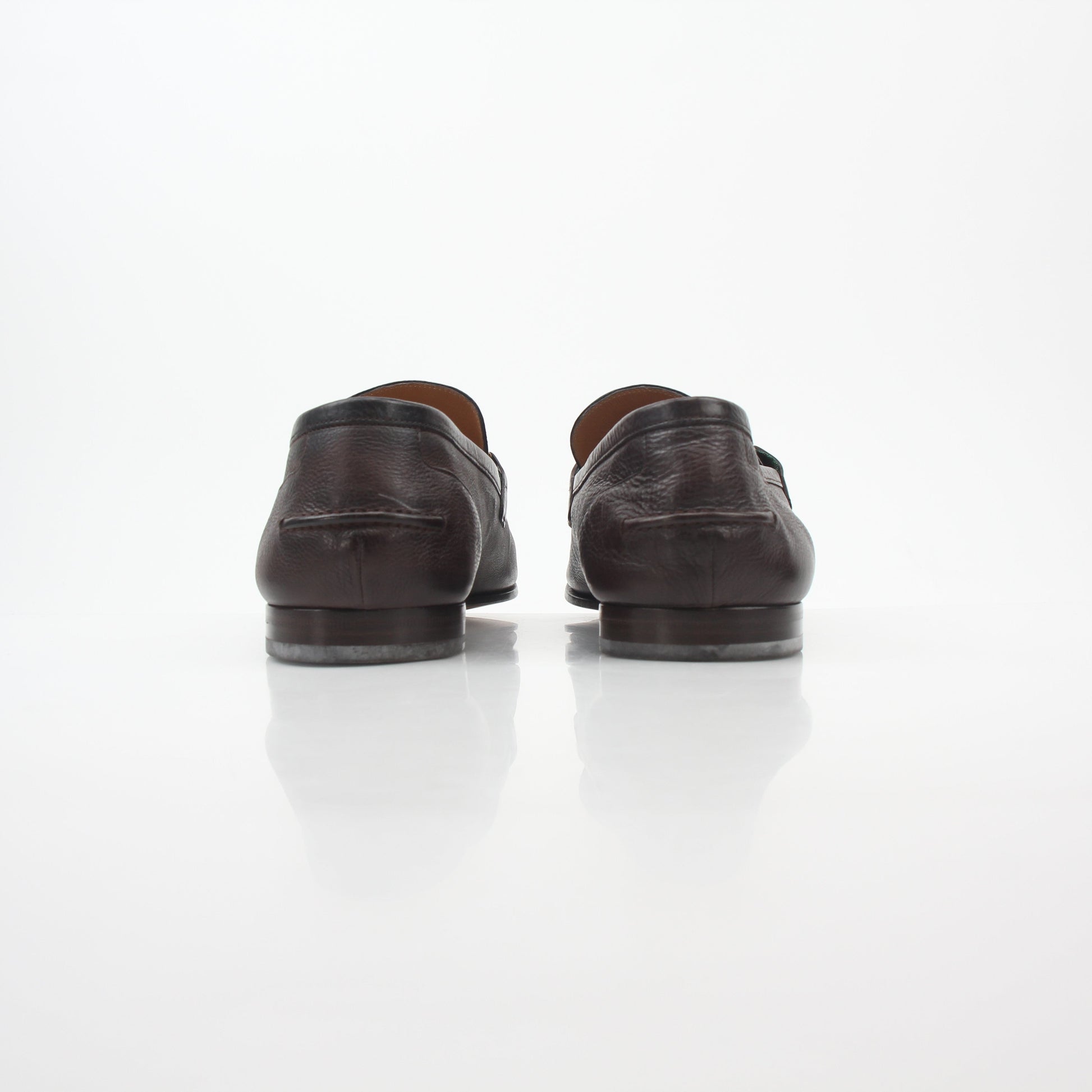 Gold & Beyond Gucci brown leather horsebit web loafers, stylish men's shoes with classic detailing, displayed on a neutral background.