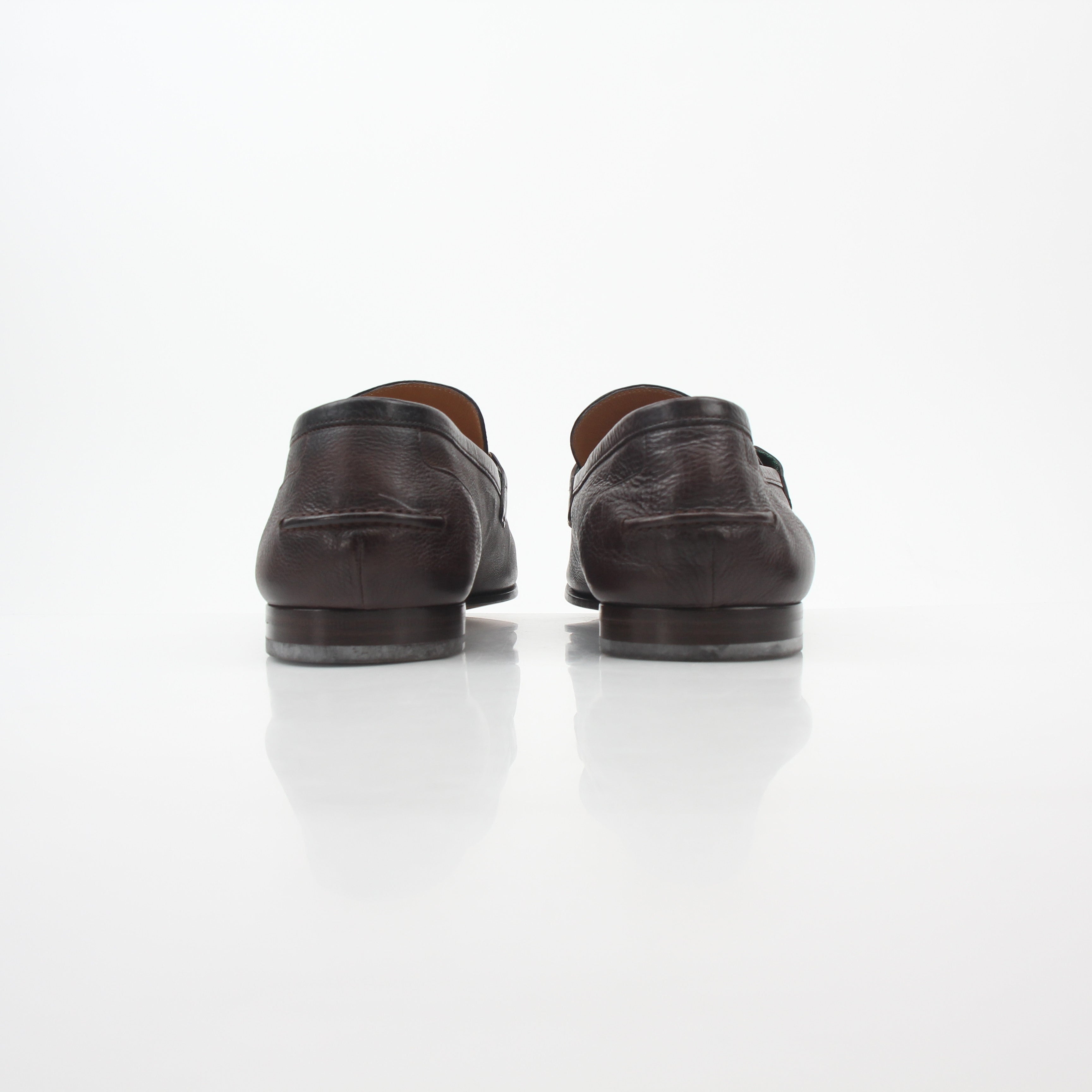 Gold & Beyond Gucci brown leather horsebit web loafers, stylish men's shoes with classic detailing, displayed on a neutral background.
