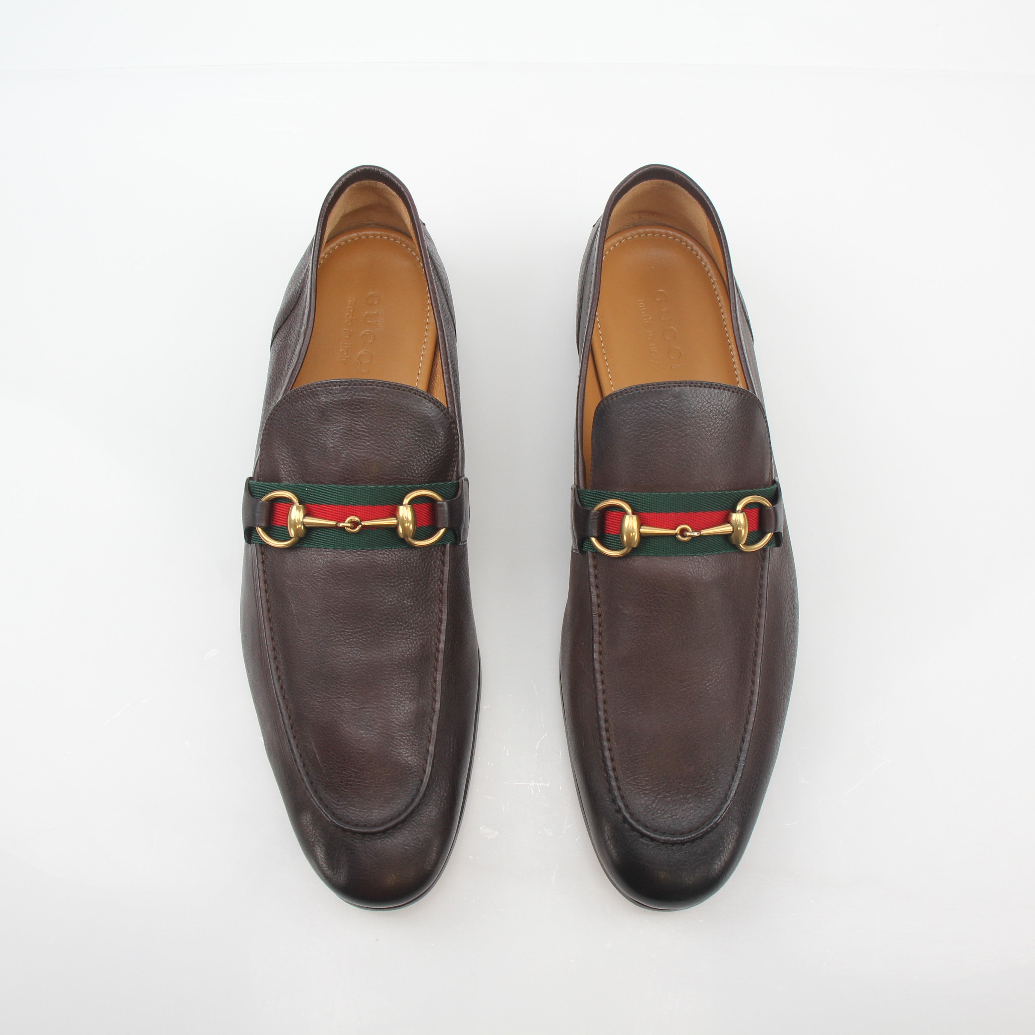 Gold & Beyond Gucci brown leather horsebit web loafers with classic slip-on design and stylish horsebit detail.