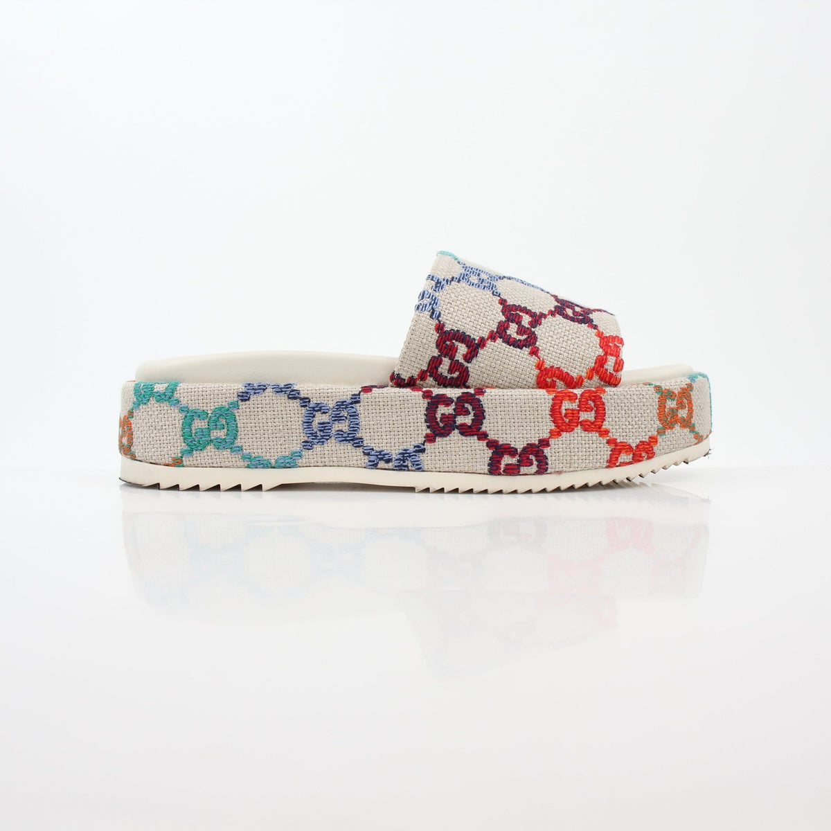 Gucci Mystic White Interlocking G cutout platform sandals with chunky heels and open toe design.