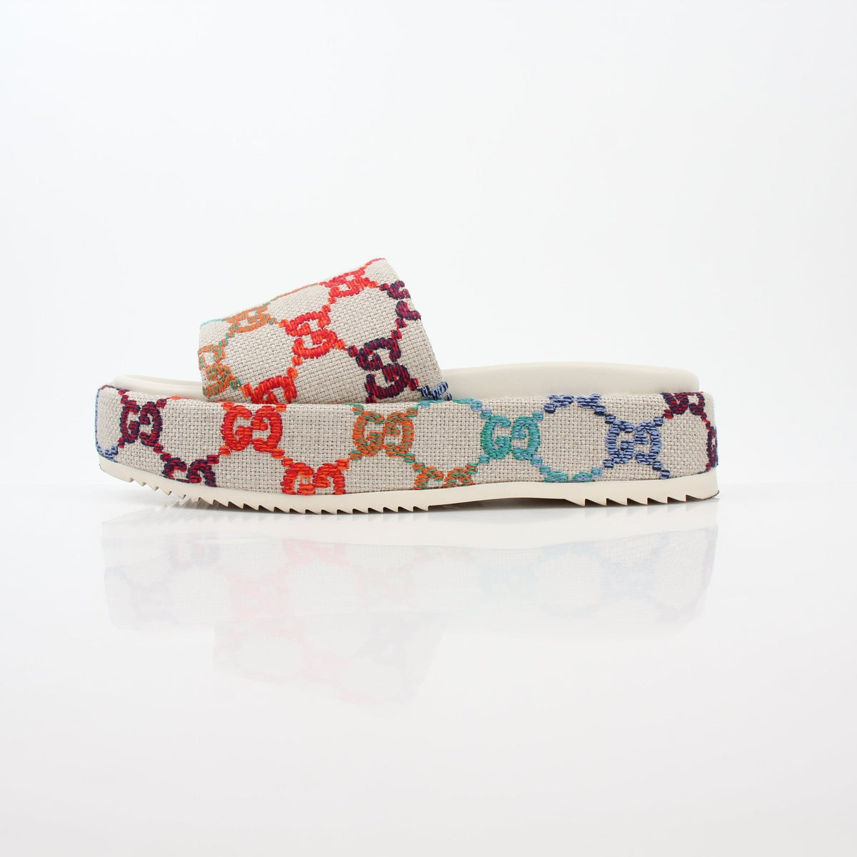 Gucci Mystic White Interlocking G cutout platform sandals with chunky soles and open toe design, stylish shoes by Gold & Beyond.