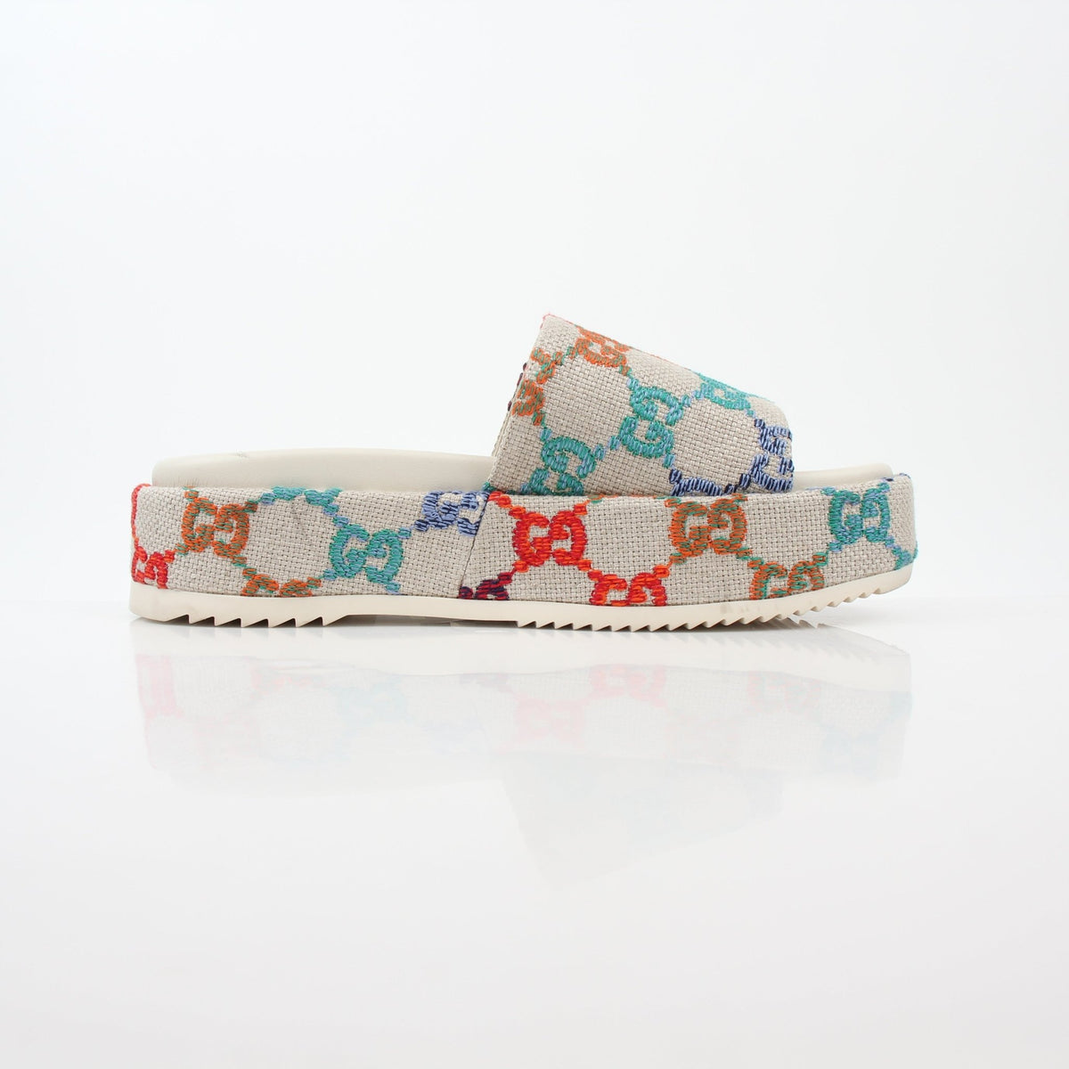 Gucci Mystic White Interlocking G cutout platform sandals with chunky sole and open toe, displayed on a neutral background.